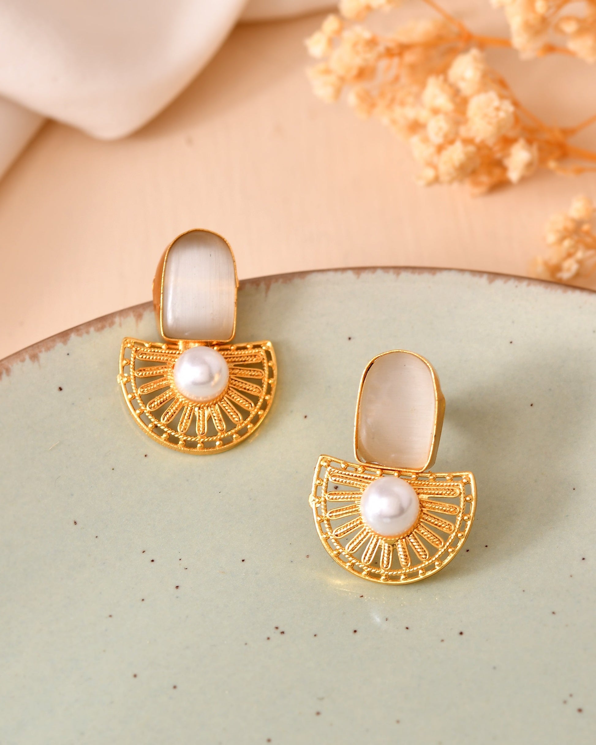 VOJ Gold Plated Off White Stone And Pearl Dome Shaped Studs Earrings  Grab2Buy VOJ Grab2Buy