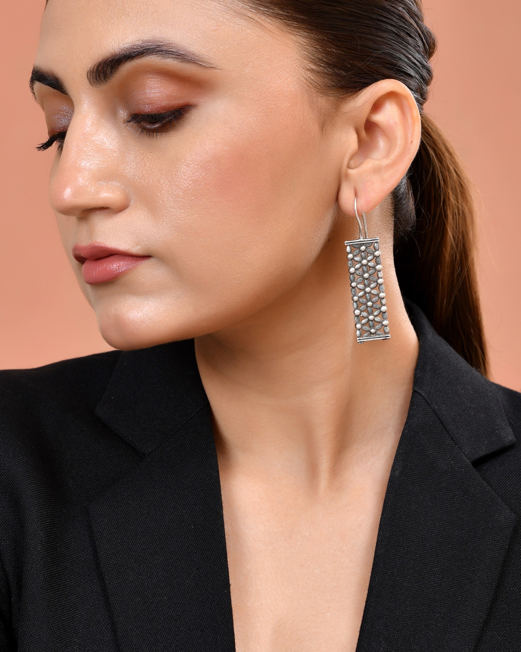 VOJ Silver Plated Beat Studded Designer Drop Earrings  Grab2Buy VOJ Grab2Buy