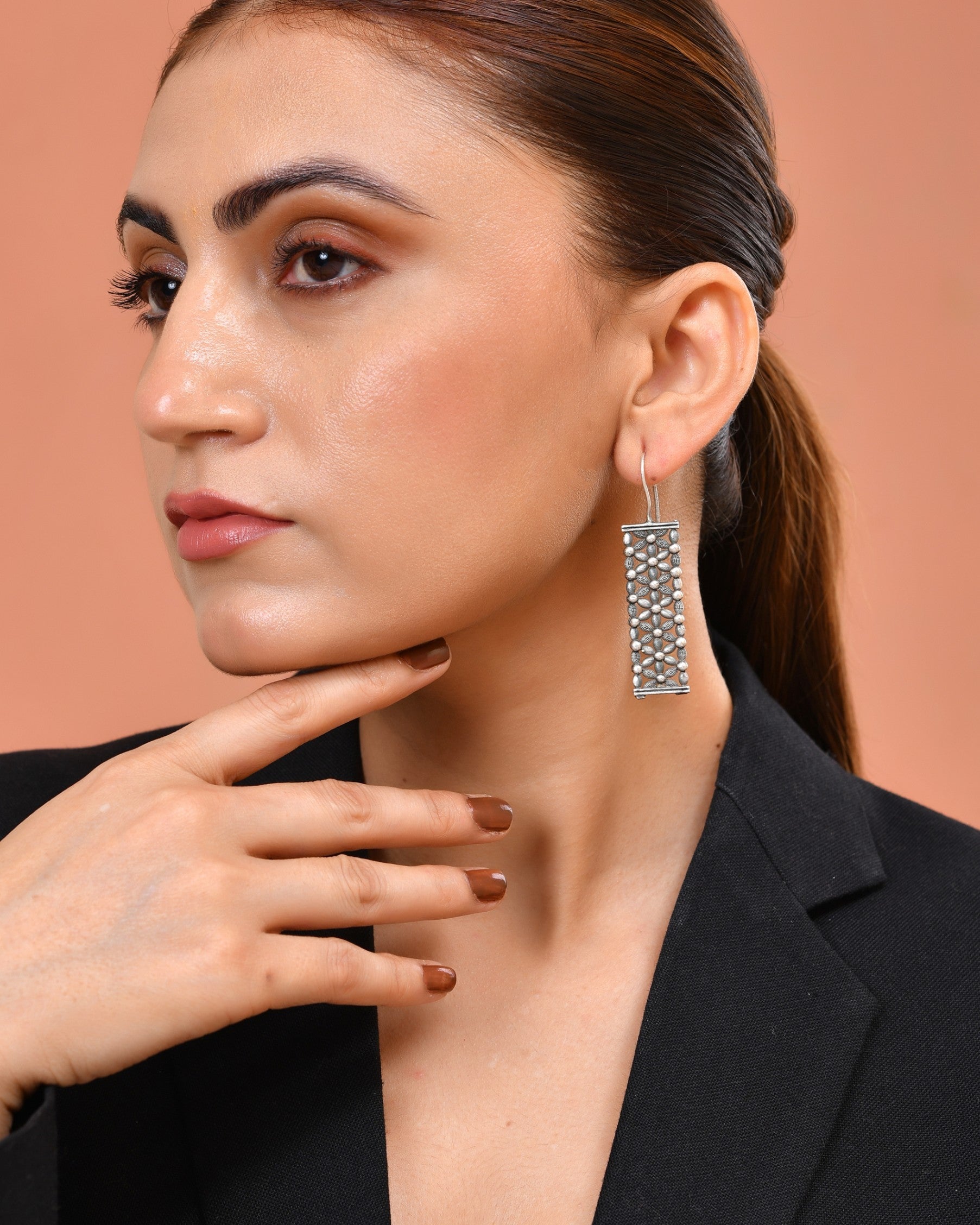 VOJ Silver Plated Beat Studded Designer Drop Earrings  Grab2Buy VOJ Grab2Buy