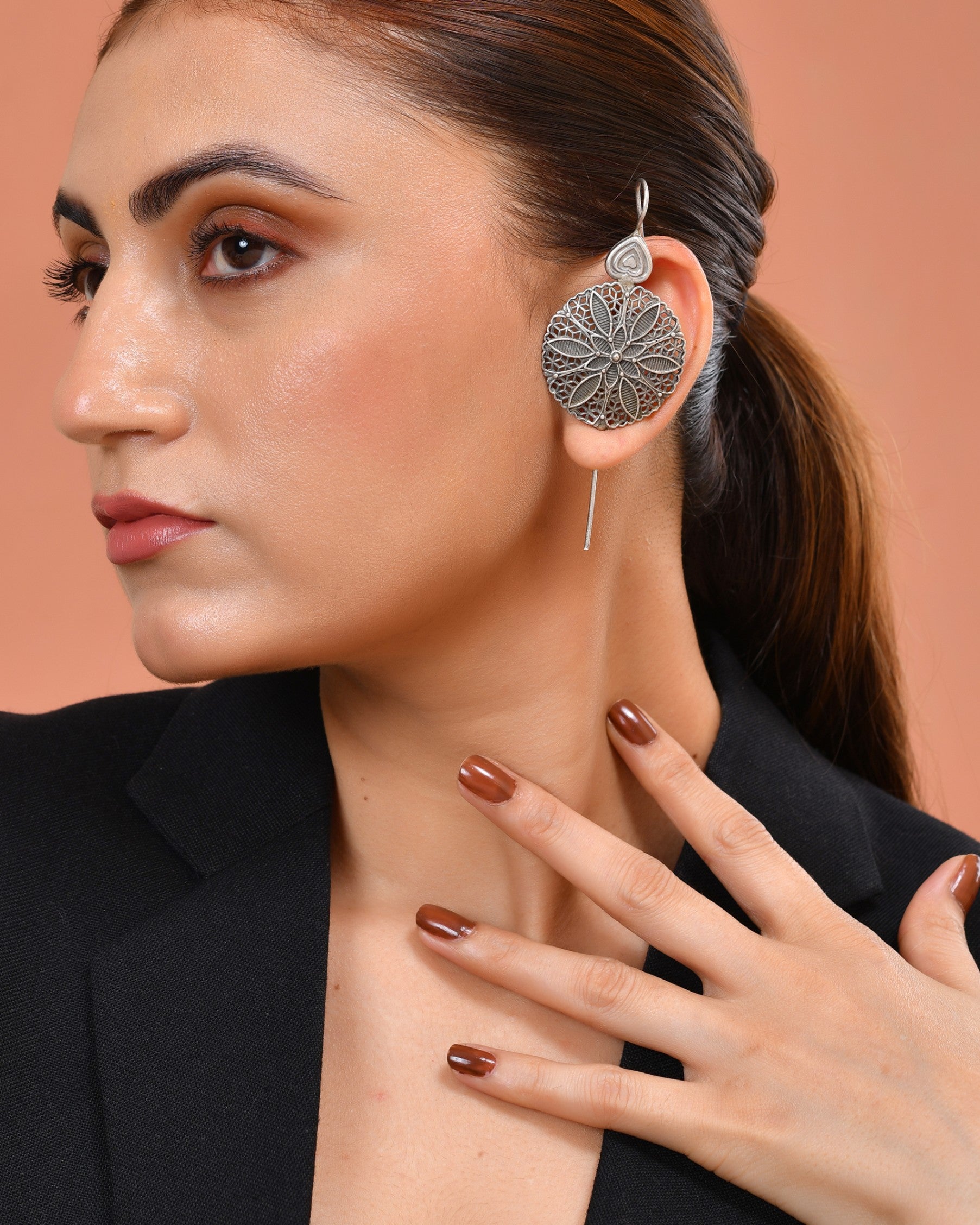 VOJ Silver Toned Floral Design Oxidized Ear Cuff Earrings  Grab2Buy VOJ Grab2Buy