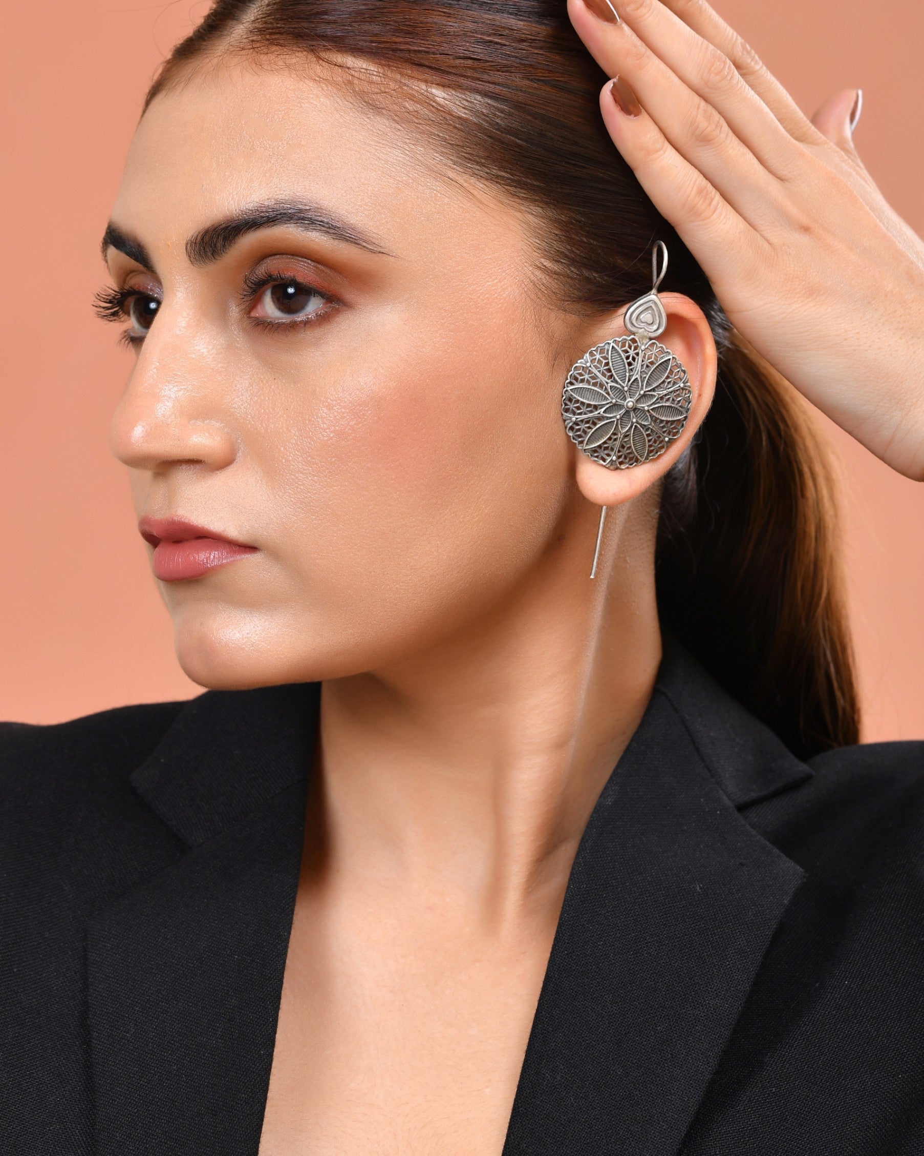 VOJ Silver Toned Floral Design Oxidized Ear Cuff Earrings  Grab2Buy VOJ Grab2Buy
