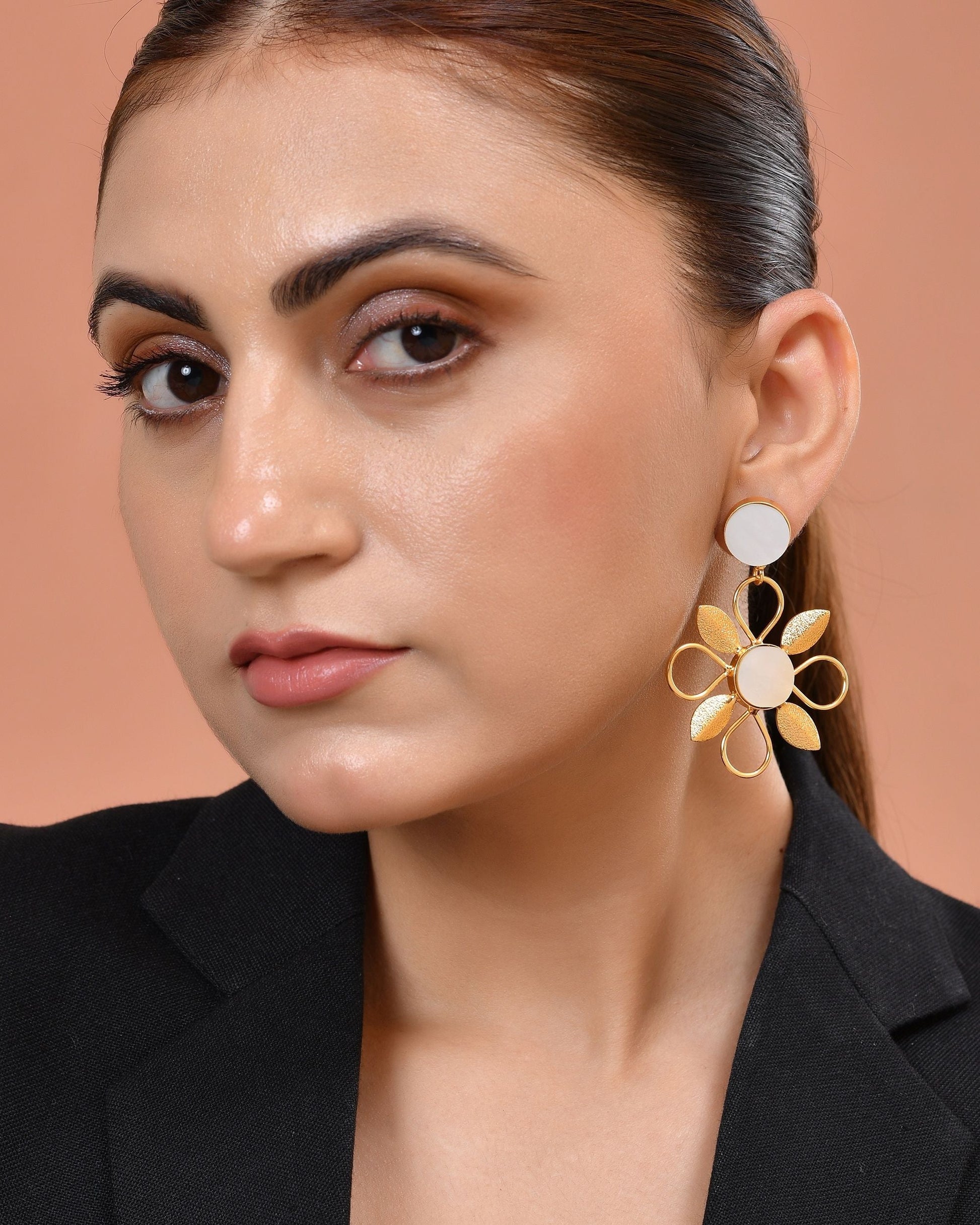 VOJ Gold Plated Floral Shaped Stone Studded Drop Earrings  Grab2Buy VOJ Grab2Buy