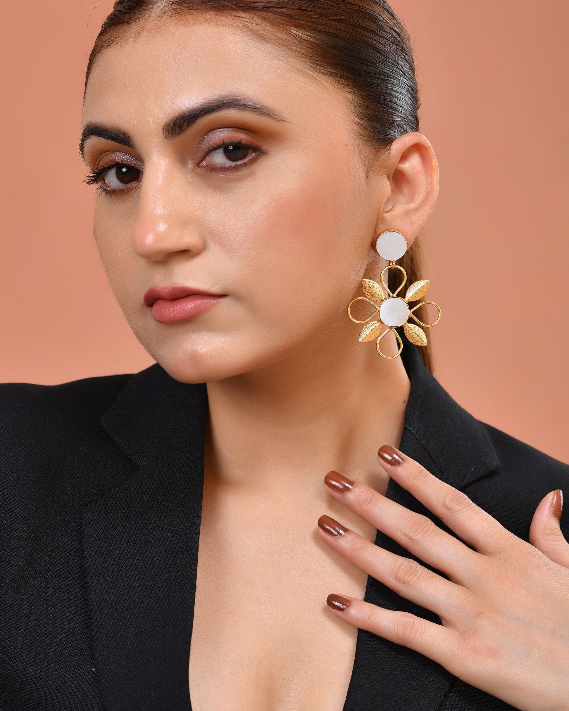 VOJ Gold Plated Floral Shaped Stone Studded Drop Earrings  Grab2Buy VOJ Grab2Buy