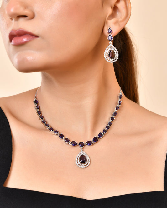 VOJ Silver Toned Purple Tear Drop Shaped Stone Ad Necklace Set  Grab2Buy VOJ Grab2Buy