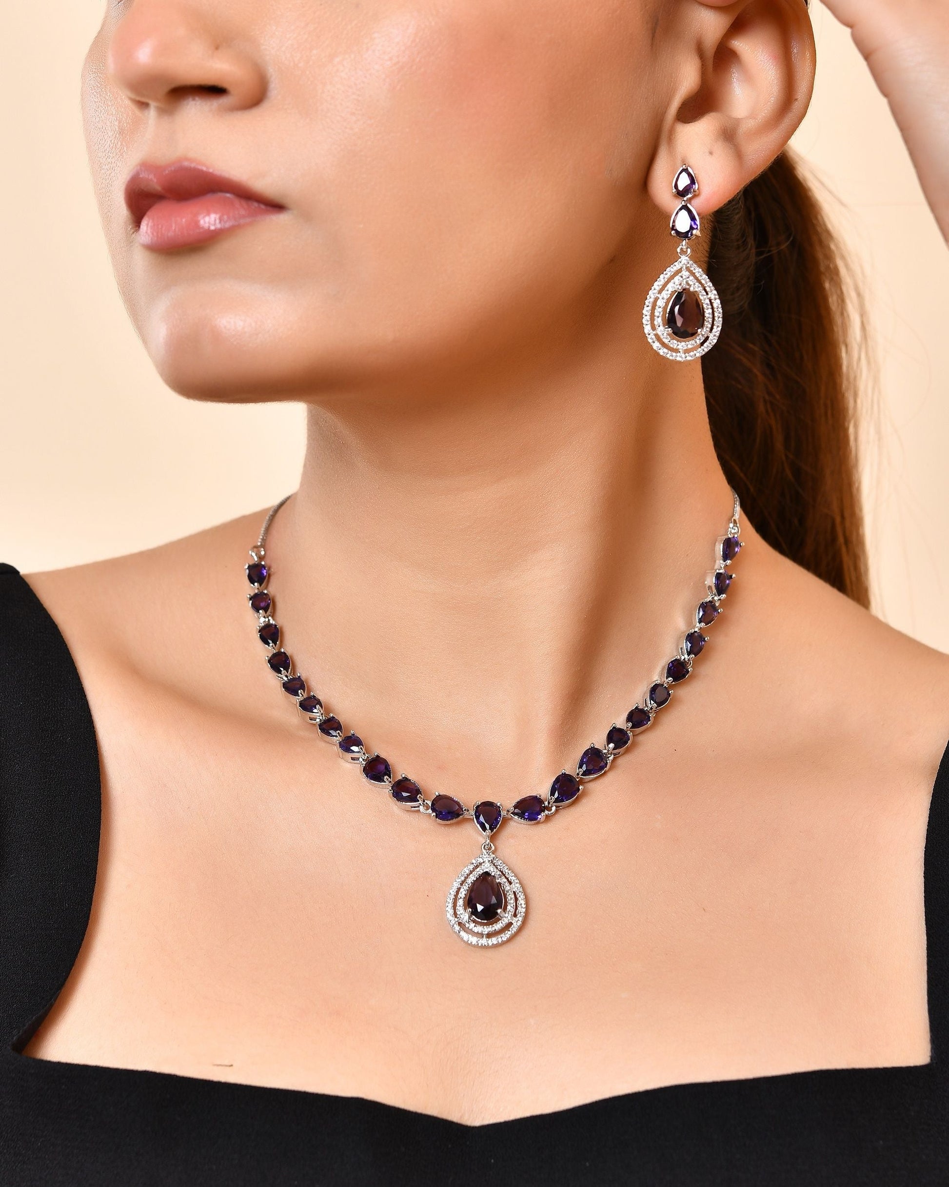 VOJ Silver Toned Purple Tear Drop Shaped Stone Ad Necklace Set  Grab2Buy VOJ Grab2Buy