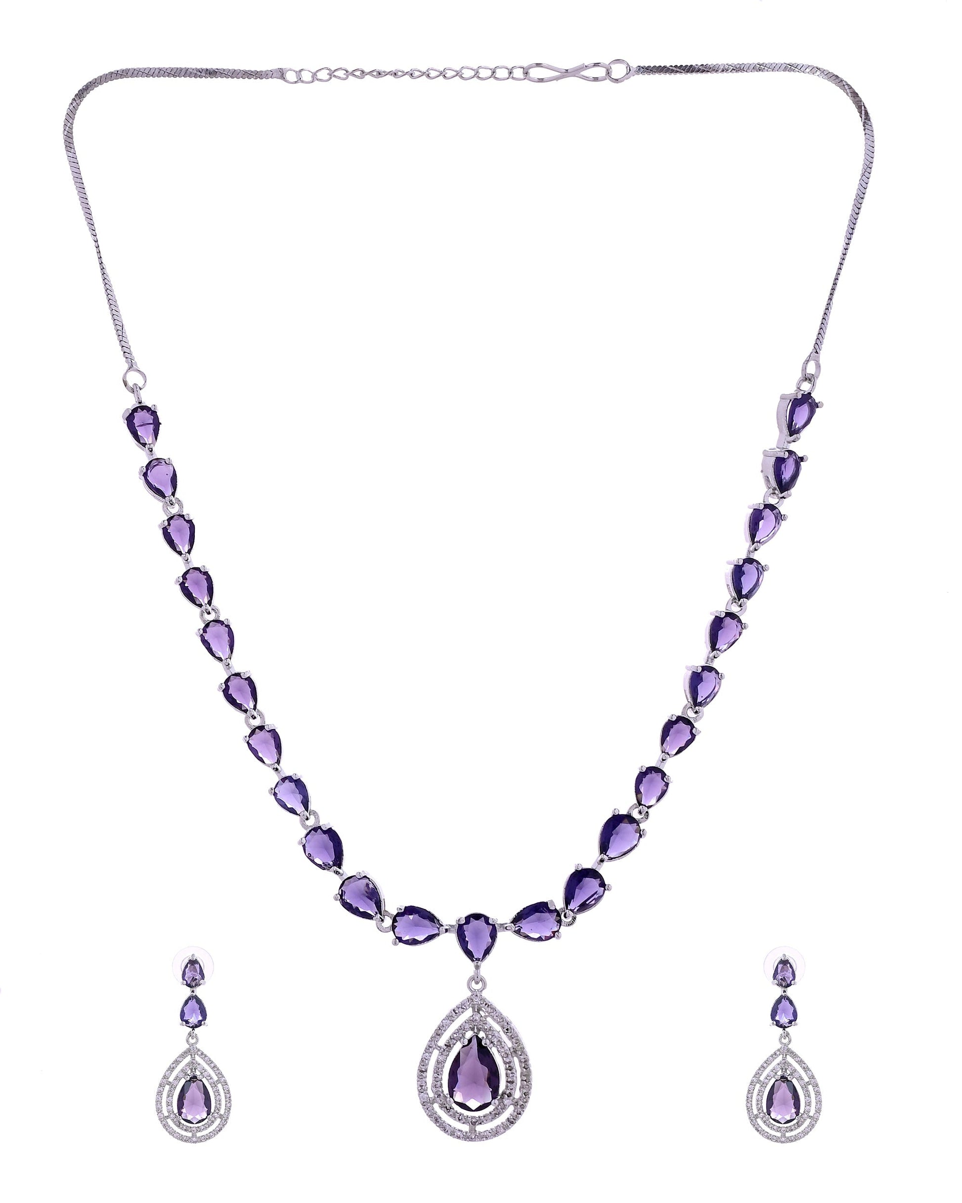 VOJ Silver Toned Purple Tear Drop Shaped Stone Ad Necklace Set  Grab2Buy VOJ Grab2Buy