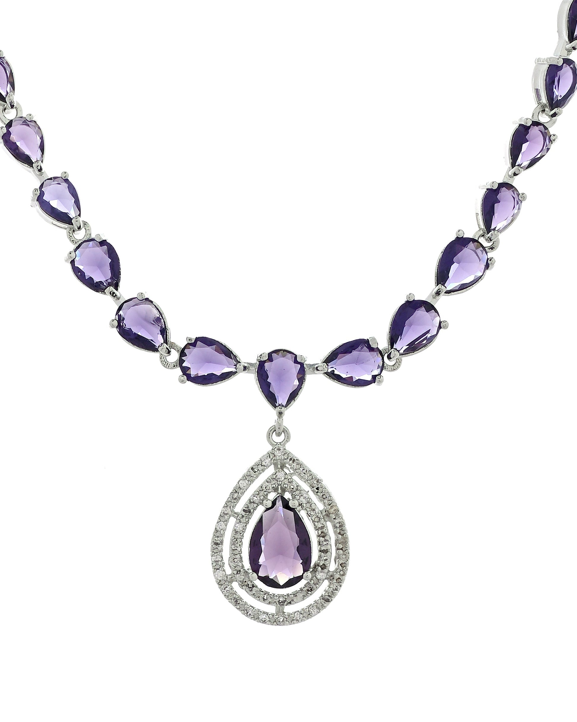 VOJ Silver Toned Purple Tear Drop Shaped Stone Ad Necklace Set  Grab2Buy VOJ Grab2Buy
