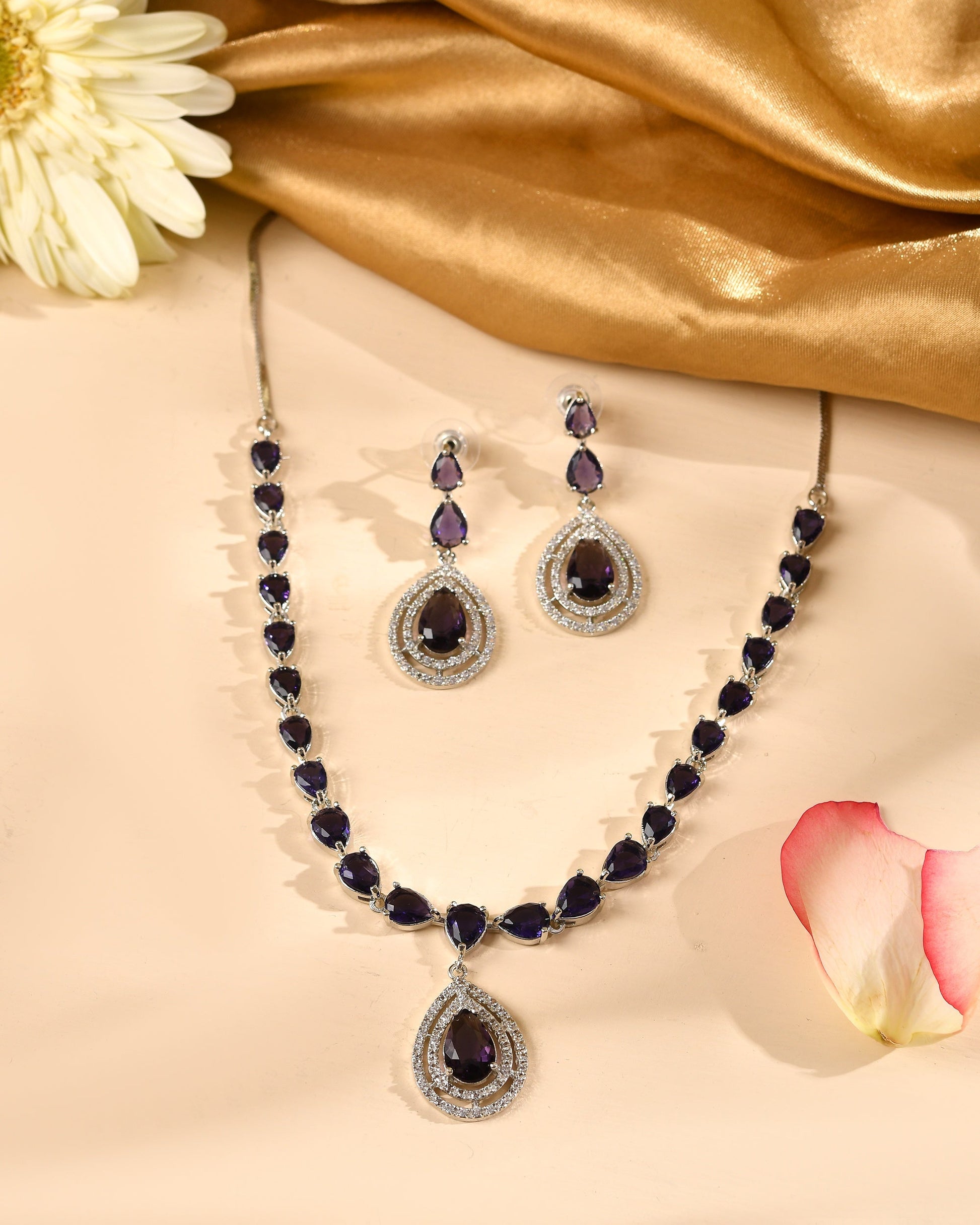 VOJ Silver Toned Purple Tear Drop Shaped Stone Ad Necklace Set  Grab2Buy VOJ Grab2Buy