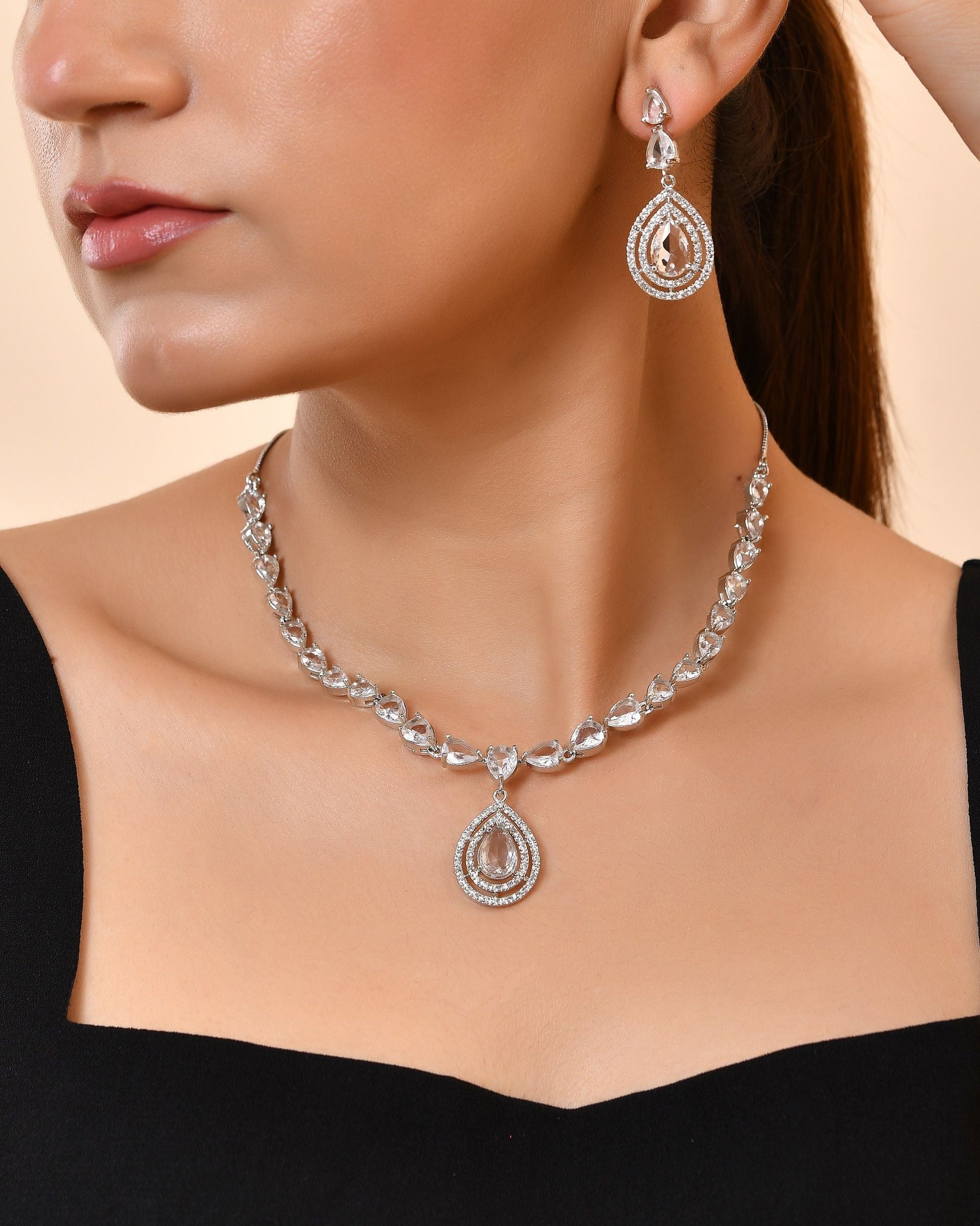 VOJ Silver Toned Tear Drop Shaped Stone Ad Necklace Set  Grab2Buy VOJ Grab2Buy