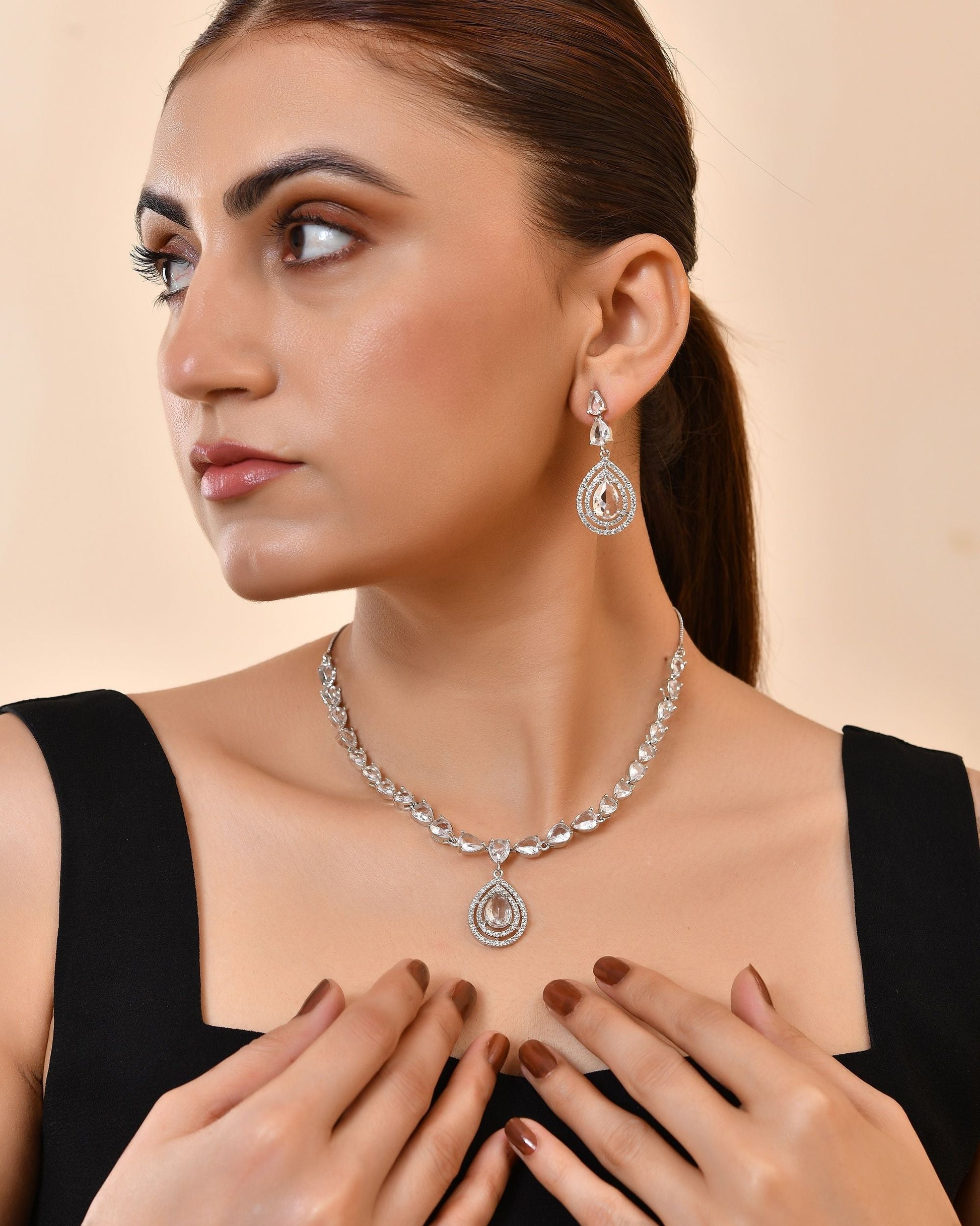 VOJ Silver Toned Tear Drop Shaped Stone Ad Necklace Set  Grab2Buy VOJ Grab2Buy