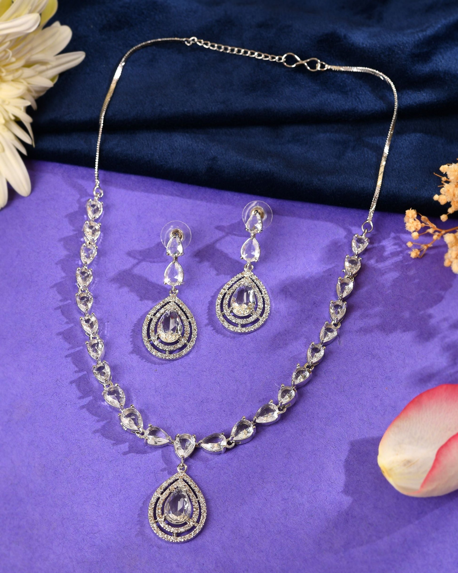 VOJ Silver Toned Tear Drop Shaped Stone Ad Necklace Set  Grab2Buy VOJ Grab2Buy