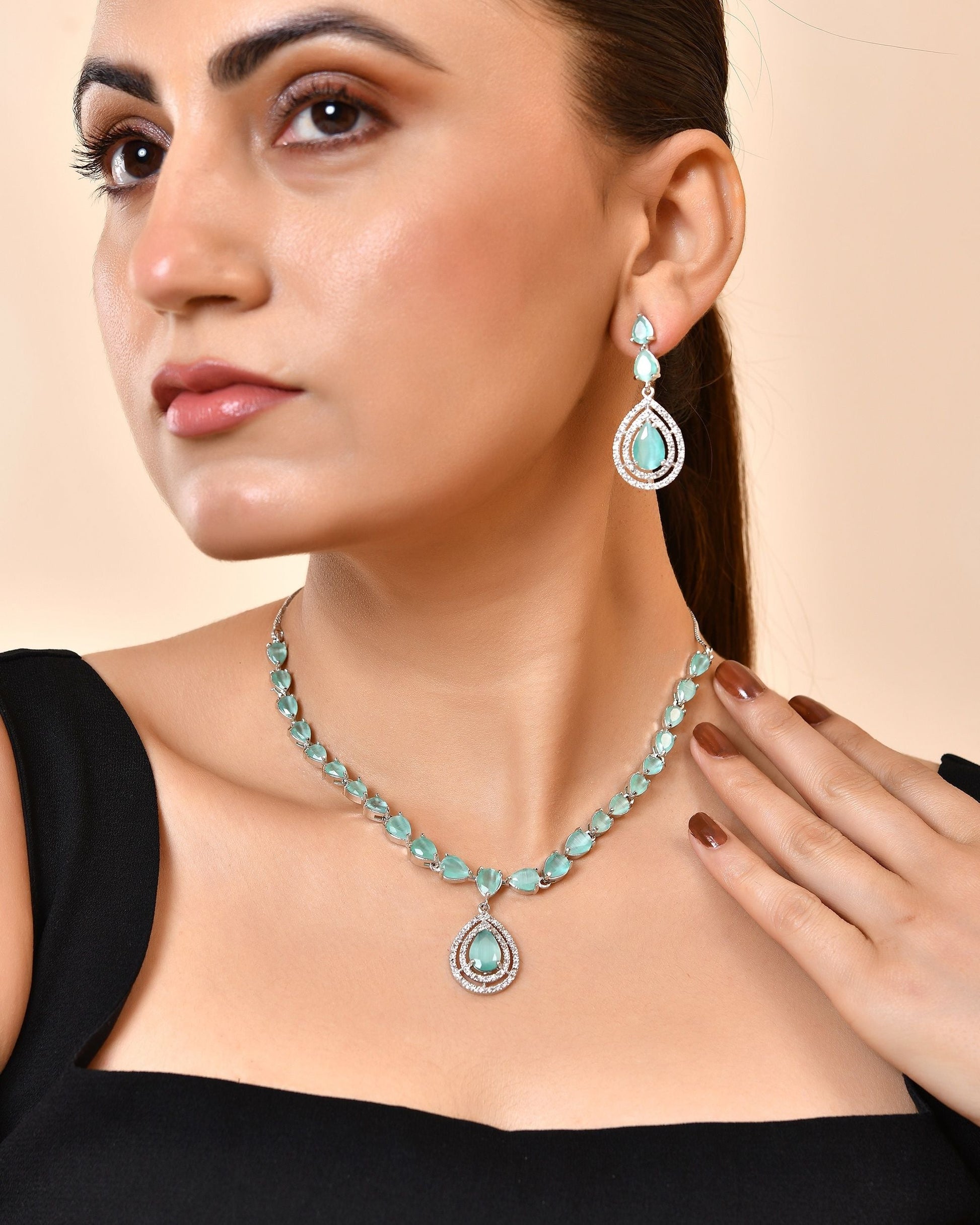 VOJ Silver Toned Teal Green Teardrop Shaped Stone Ad Necklace Set  Grab2Buy VOJ Grab2Buy