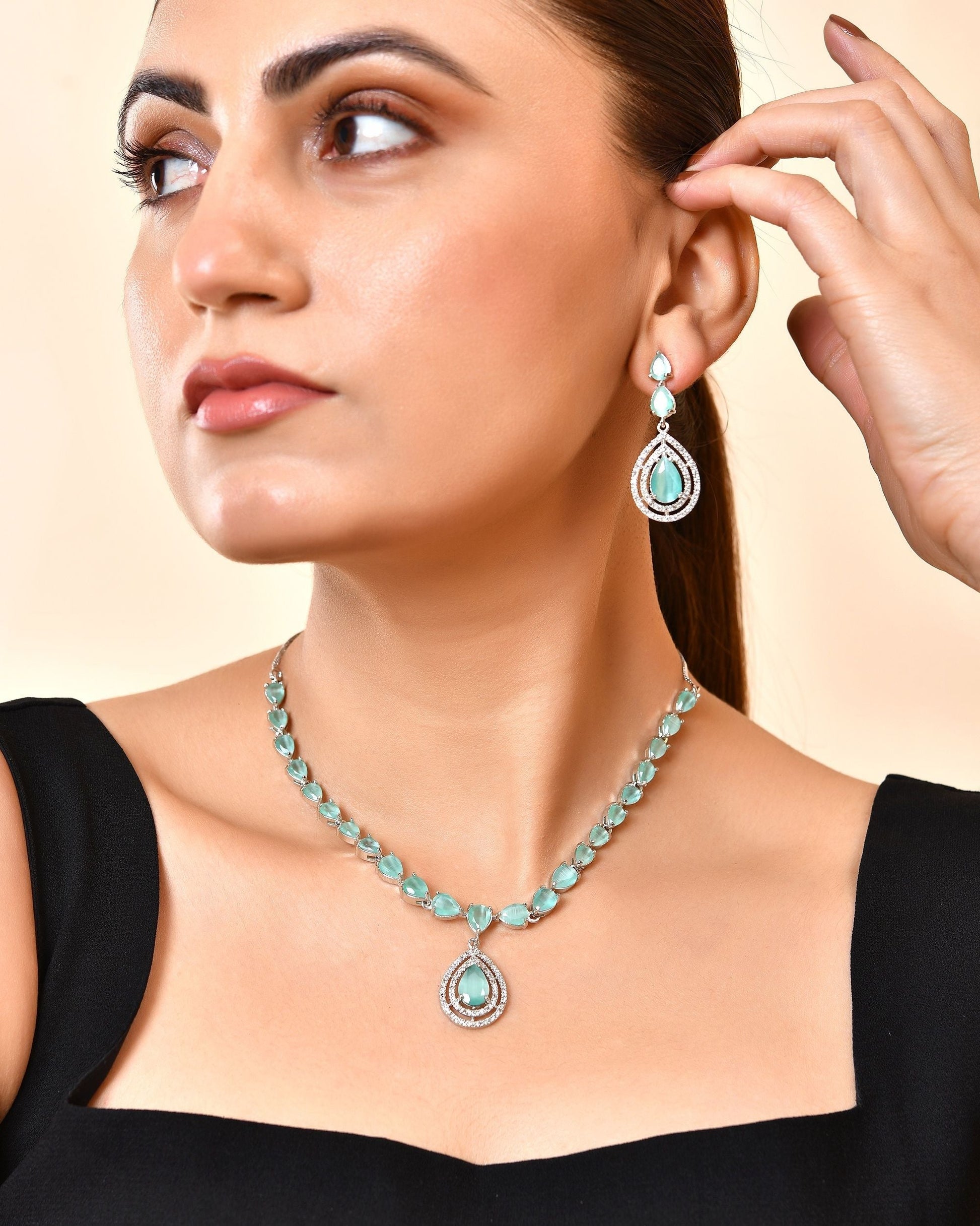 VOJ Silver Toned Teal Green Teardrop Shaped Stone Ad Necklace Set  Grab2Buy VOJ Grab2Buy