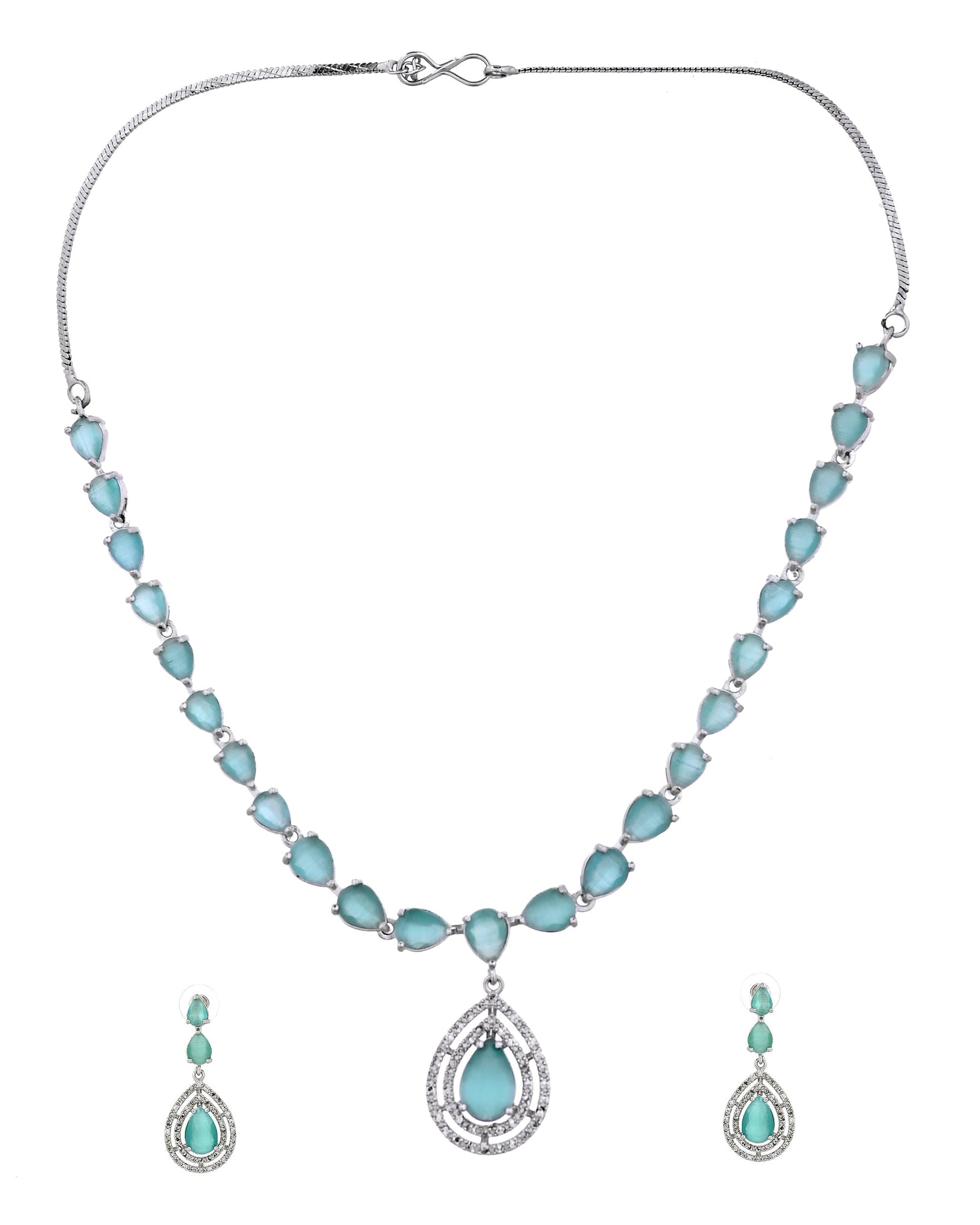 VOJ Silver Toned Teal Green Teardrop Shaped Stone Ad Necklace Set  Grab2Buy VOJ Grab2Buy