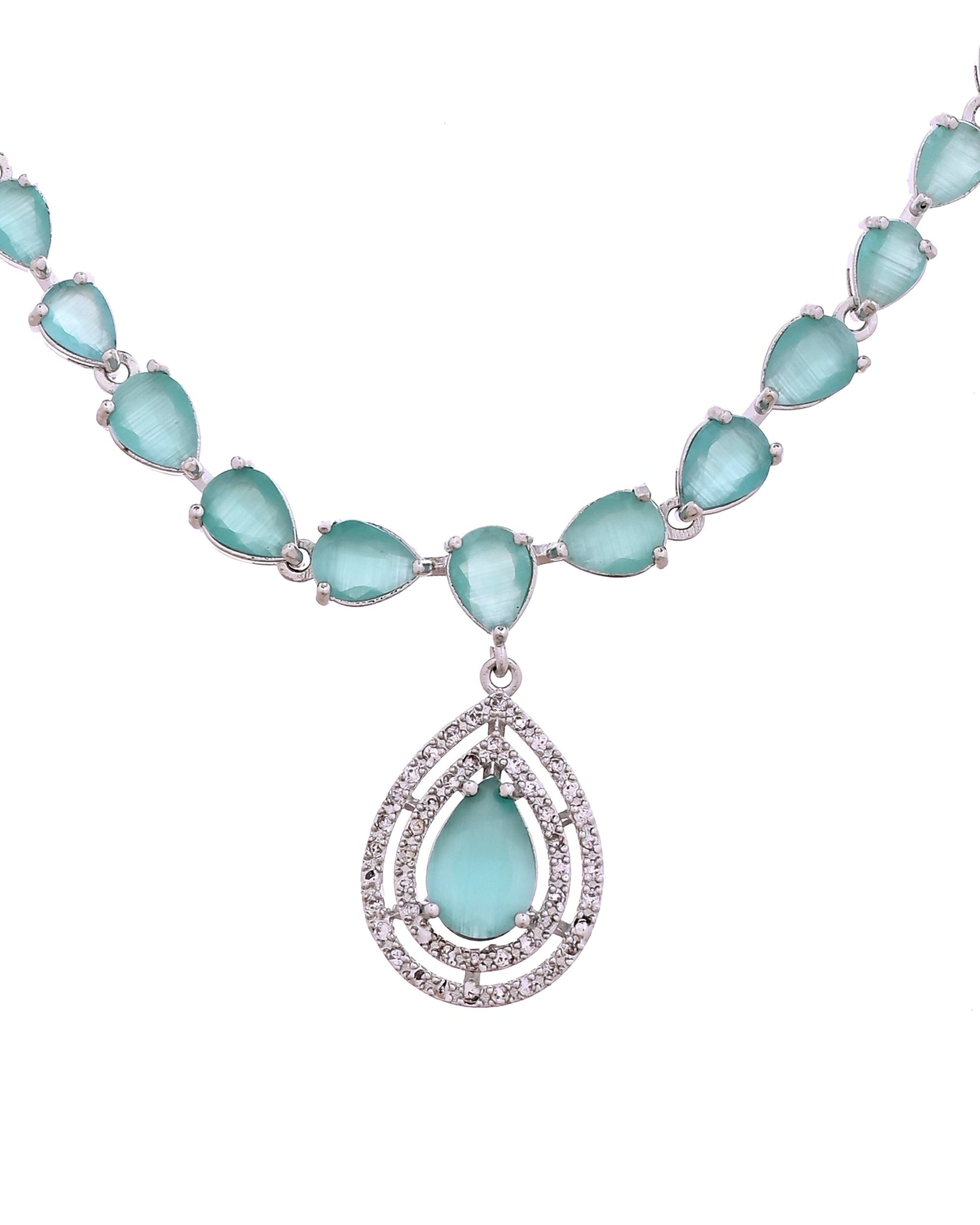 VOJ Silver Toned Teal Green Teardrop Shaped Stone Ad Necklace Set  Grab2Buy VOJ Grab2Buy