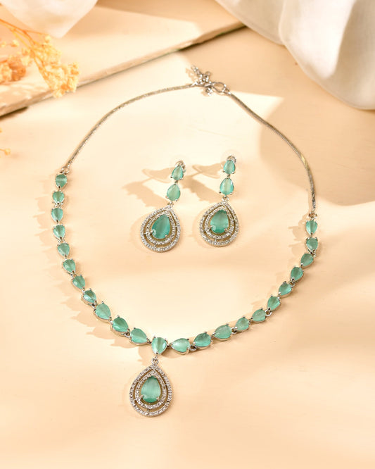 VOJ Silver Toned Teal Green Teardrop Shaped Stone Ad Necklace Set  Grab2Buy VOJ Grab2Buy
