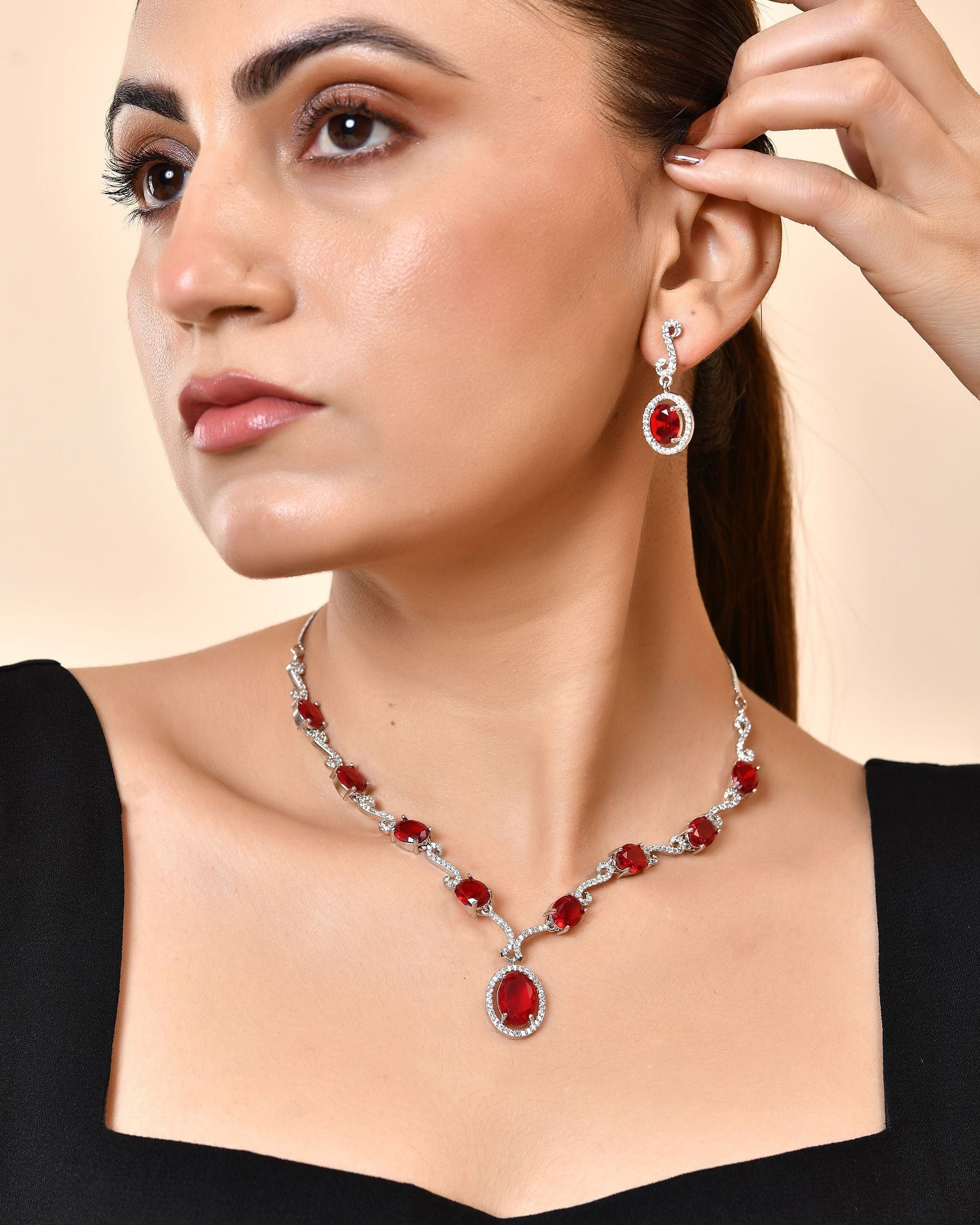 VOJ Silver Plated Oval Ruby Red Stone Studded Ad Jewellery Set  Grab2Buy VOJ Grab2Buy