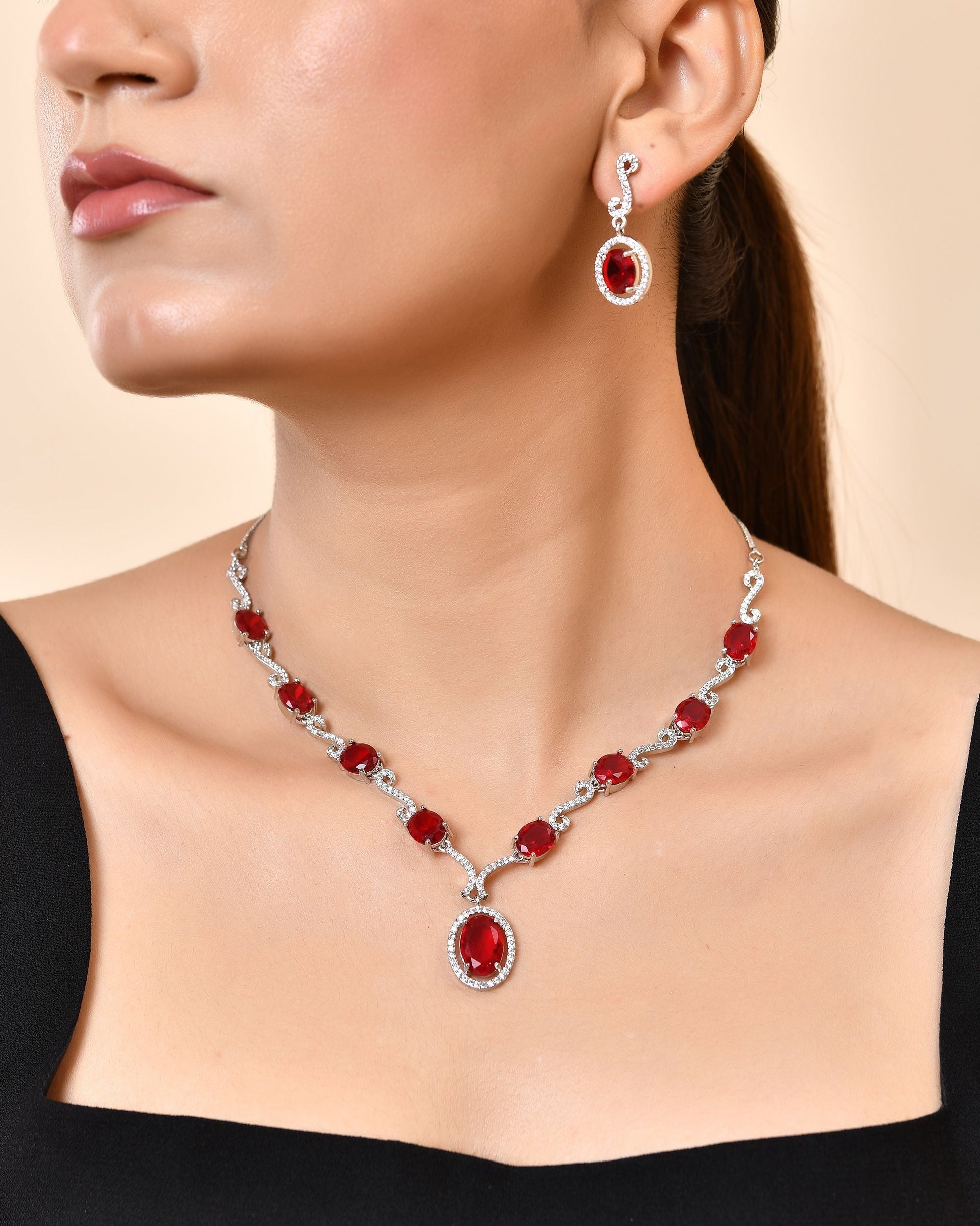 VOJ Silver Plated Oval Ruby Red Stone Studded Ad Jewellery Set  Grab2Buy VOJ Grab2Buy