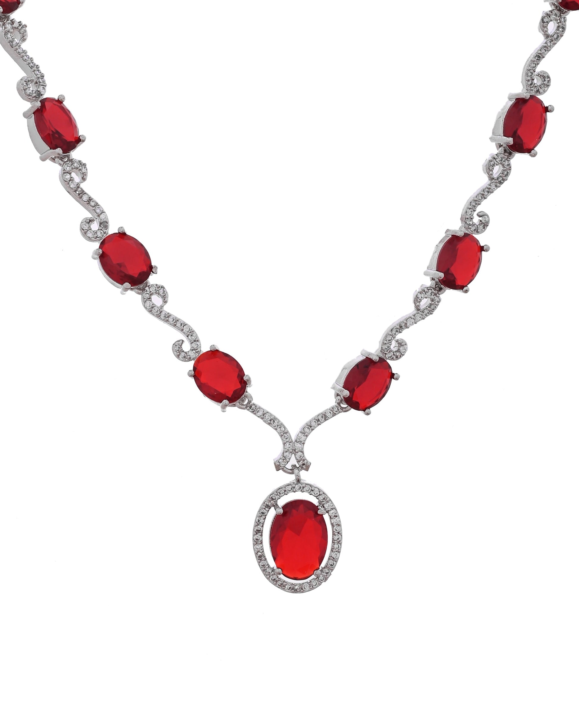 VOJ Silver Plated Oval Ruby Red Stone Studded Ad Jewellery Set  Grab2Buy VOJ Grab2Buy