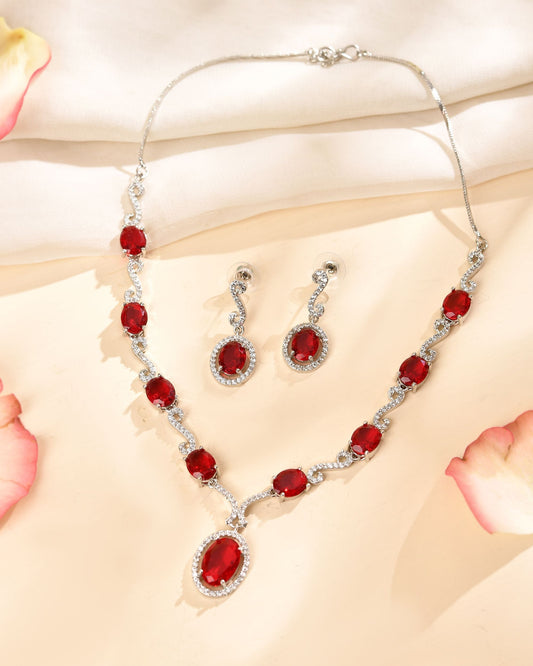 VOJ Silver Plated Oval Ruby Red Stone Studded Ad Jewellery Set  Grab2Buy VOJ Grab2Buy