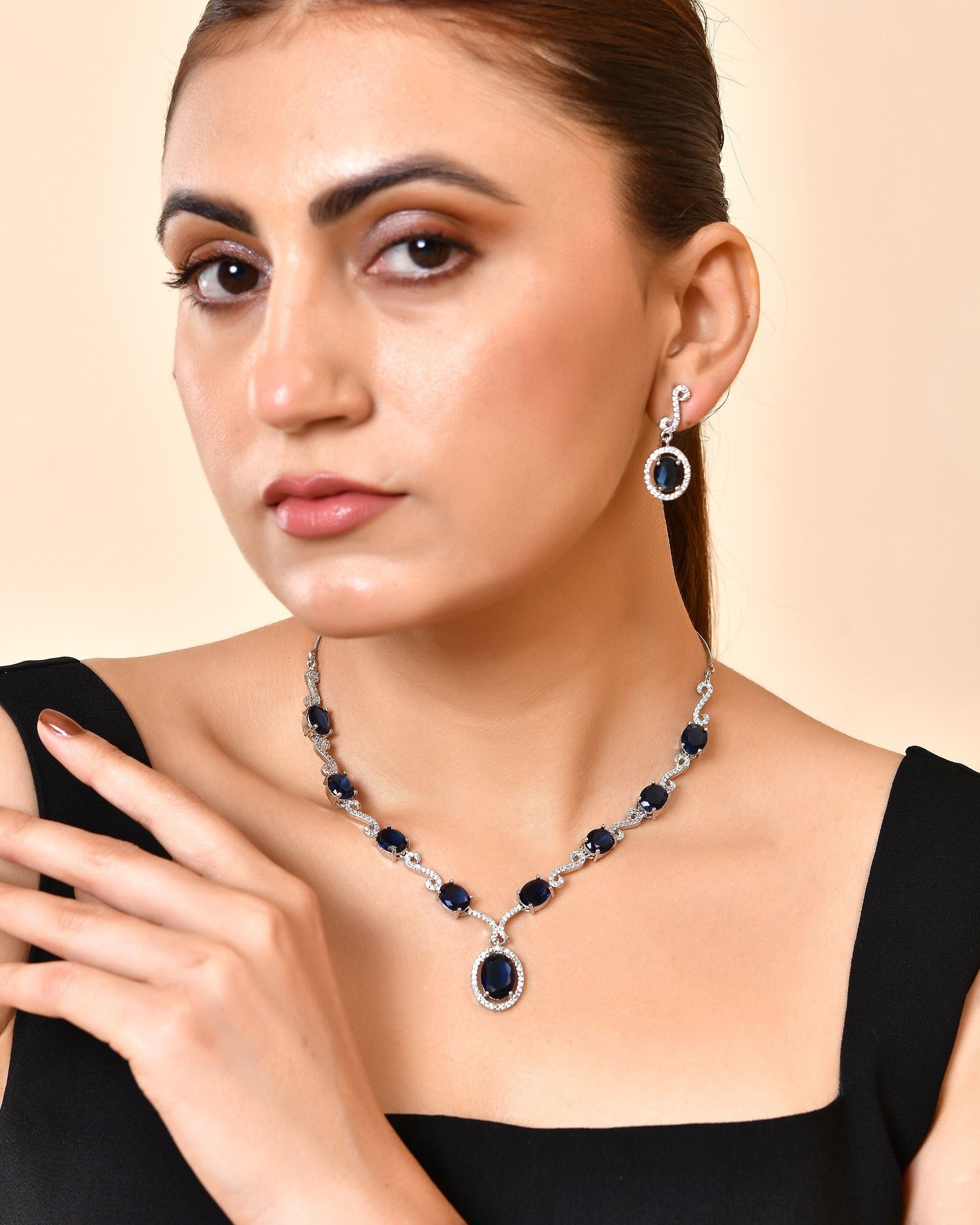 VOJ Silver Plated Oval Blue Stone Studded Ad Jewellery Set  Grab2Buy VOJ Grab2Buy