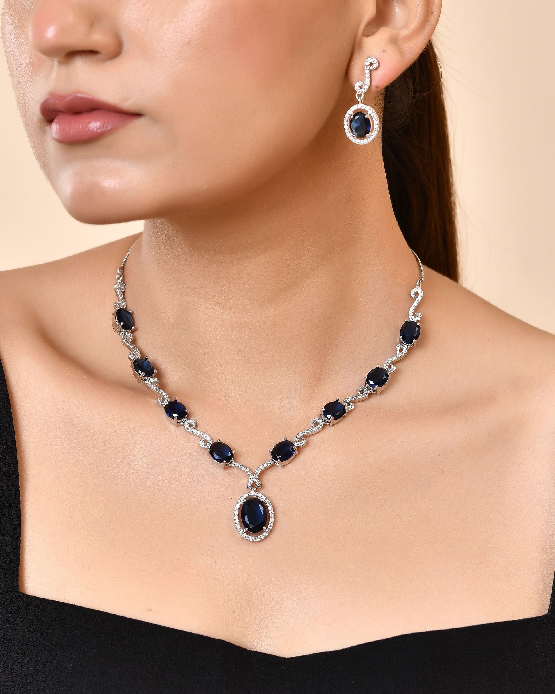 VOJ Silver Plated Oval Blue Stone Studded Ad Jewellery Set  Grab2Buy VOJ Grab2Buy