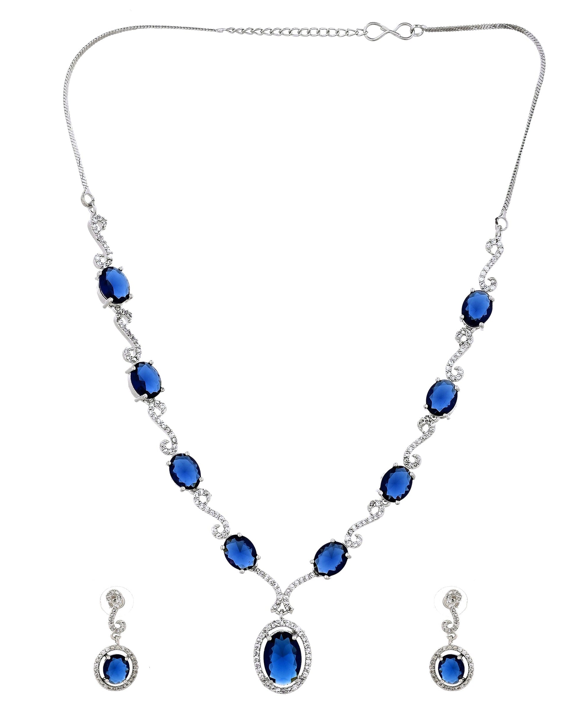 VOJ Silver Plated Oval Blue Stone Studded Ad Jewellery Set  Grab2Buy VOJ Grab2Buy