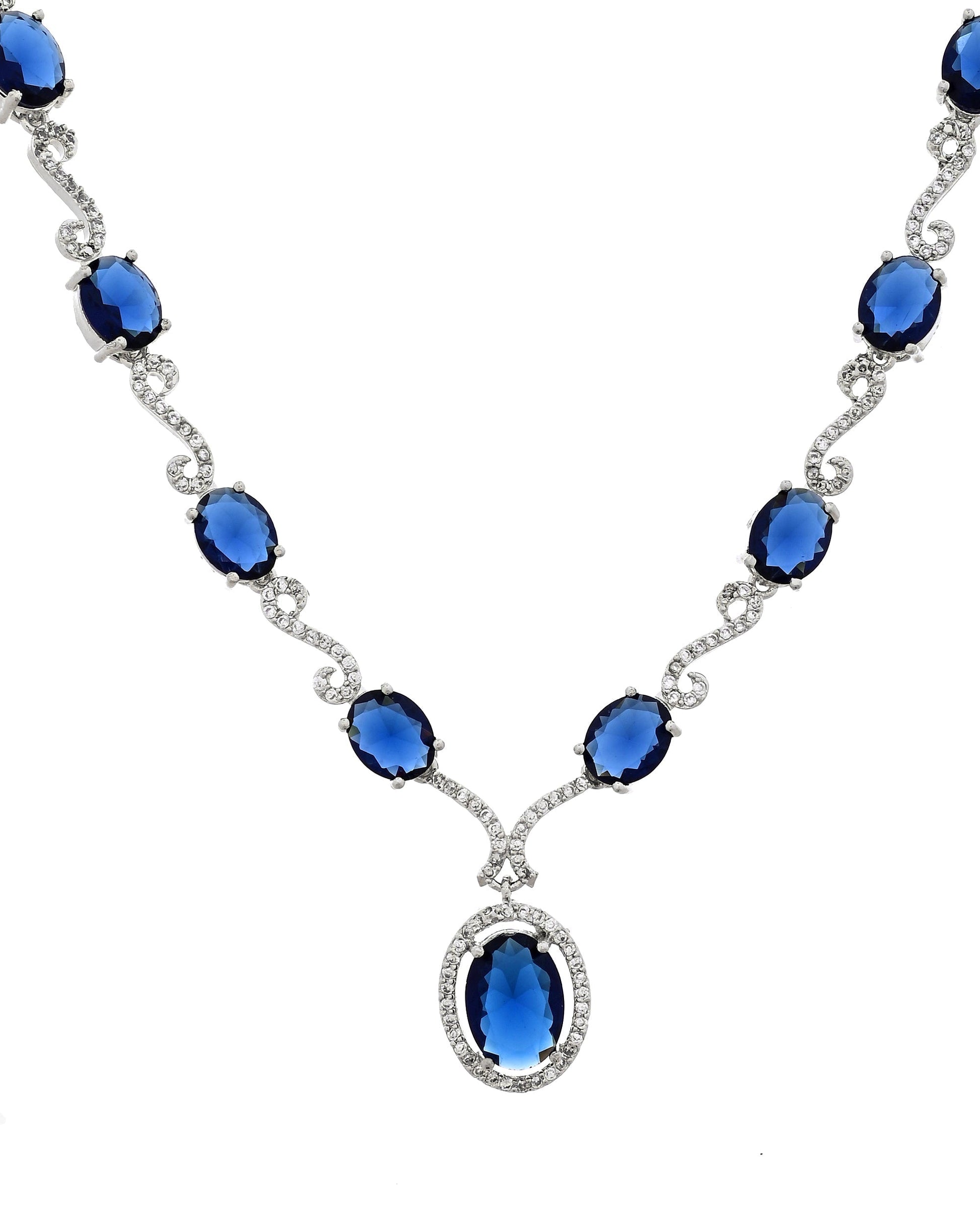 VOJ Silver Plated Oval Blue Stone Studded Ad Jewellery Set  Grab2Buy VOJ Grab2Buy
