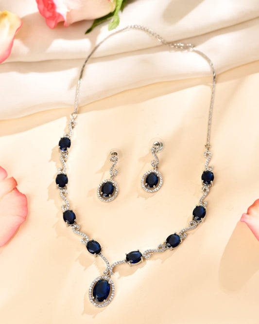 VOJ Silver Plated Oval Blue Stone Studded Ad Jewellery Set  Grab2Buy VOJ Grab2Buy