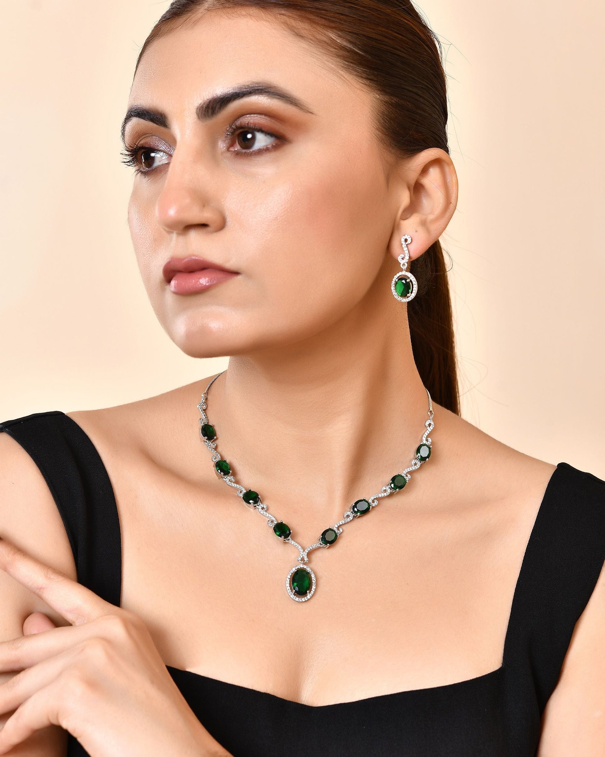 VOJ Silver Plated Oval Green Stone Studded Ad Jewellery Set  Grab2Buy VOJ Grab2Buy