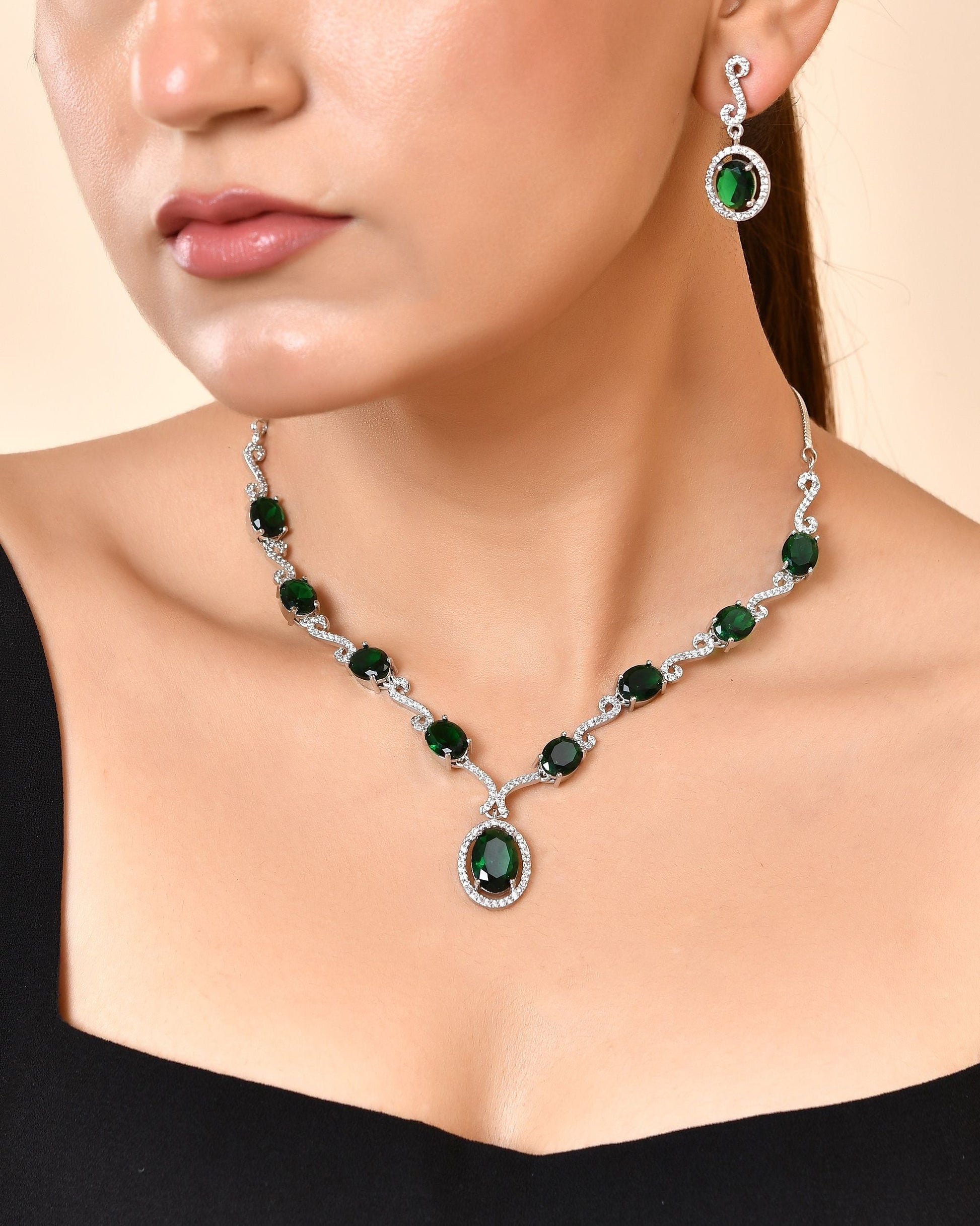 VOJ Silver Plated Oval Green Stone Studded Ad Jewellery Set  Grab2Buy VOJ Grab2Buy
