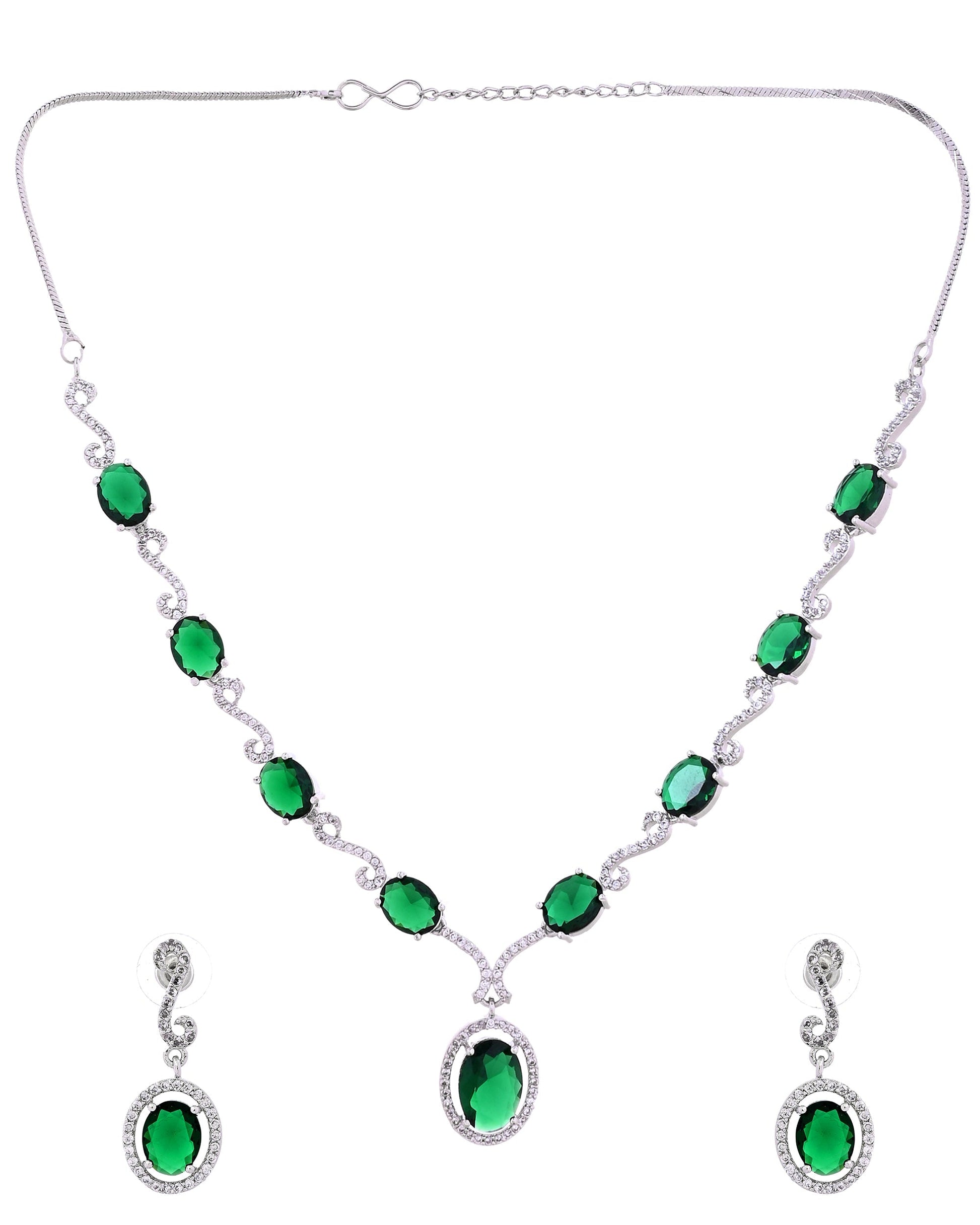 VOJ Silver Plated Oval Green Stone Studded Ad Jewellery Set  Grab2Buy VOJ Grab2Buy