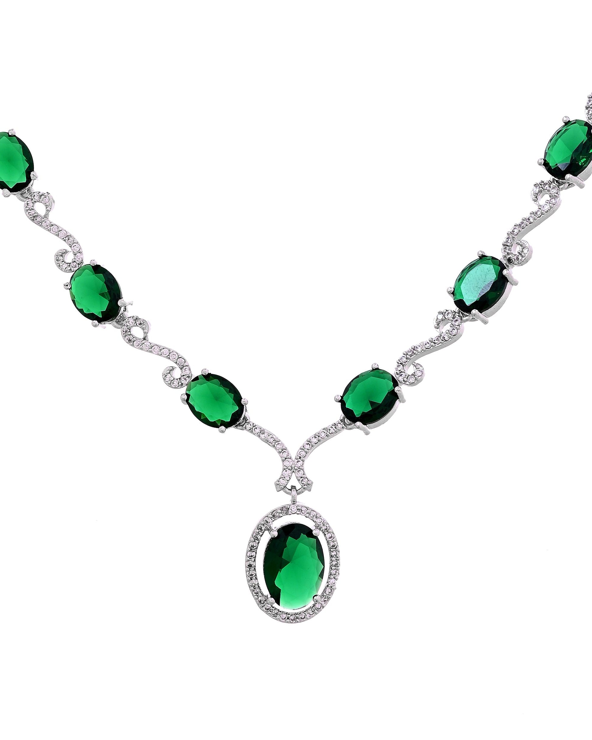VOJ Silver Plated Oval Green Stone Studded Ad Jewellery Set  Grab2Buy VOJ Grab2Buy