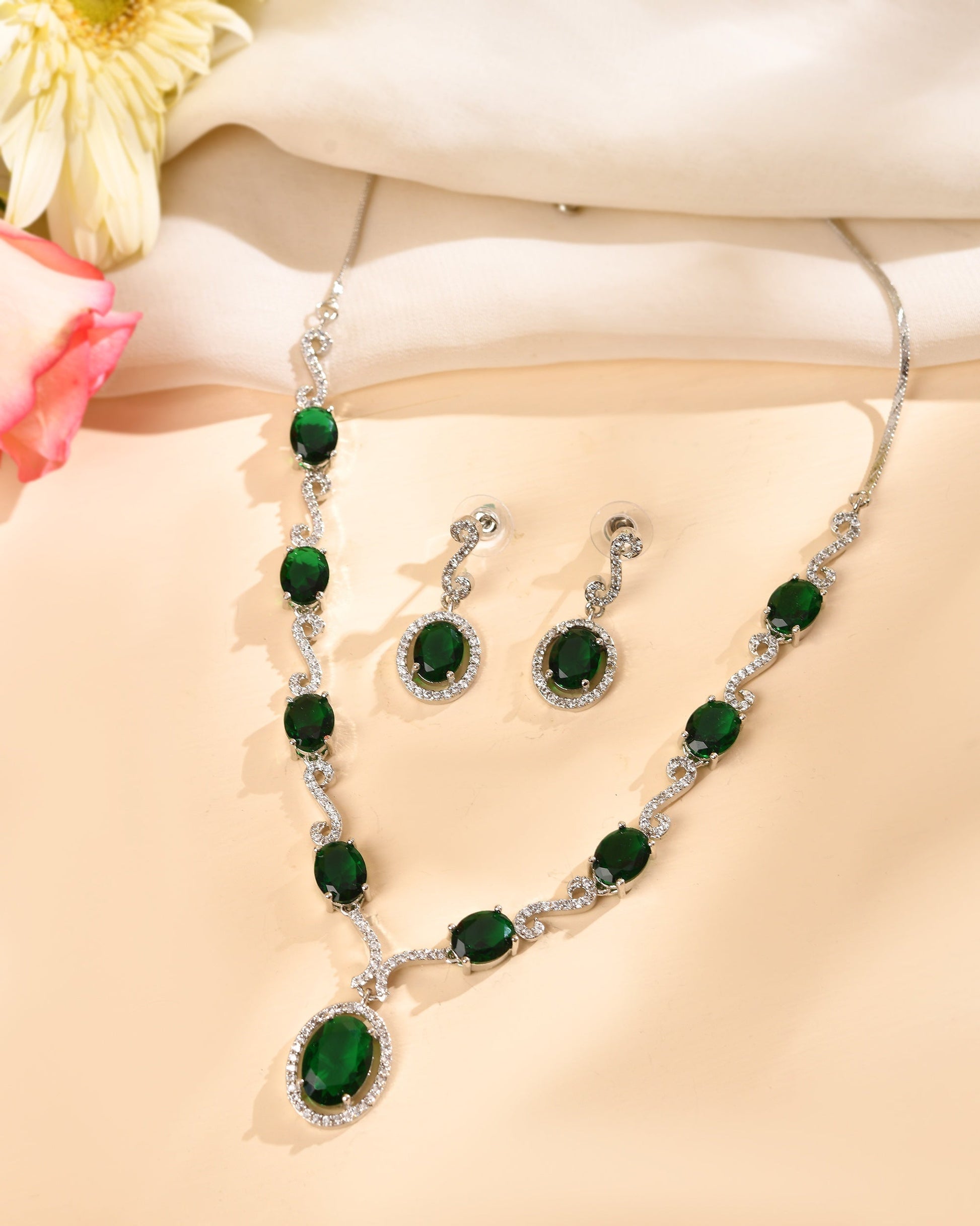 VOJ Silver Plated Oval Green Stone Studded Ad Jewellery Set  Grab2Buy VOJ Grab2Buy