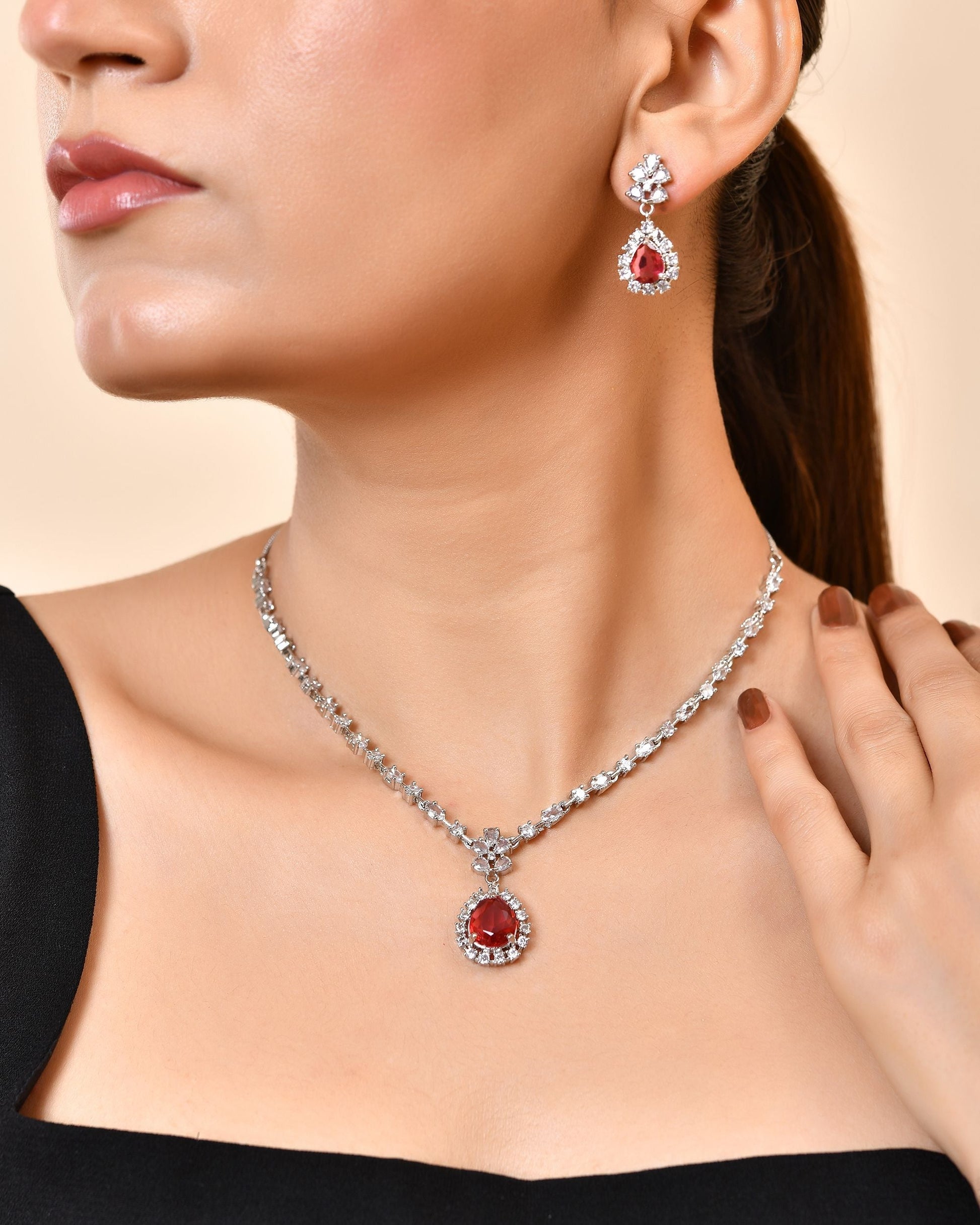 VOJ Silver Plated Pink Drop Shaped Stone With Ad Stone Simple Jewellery Set  Grab2Buy VOJ Grab2Buy