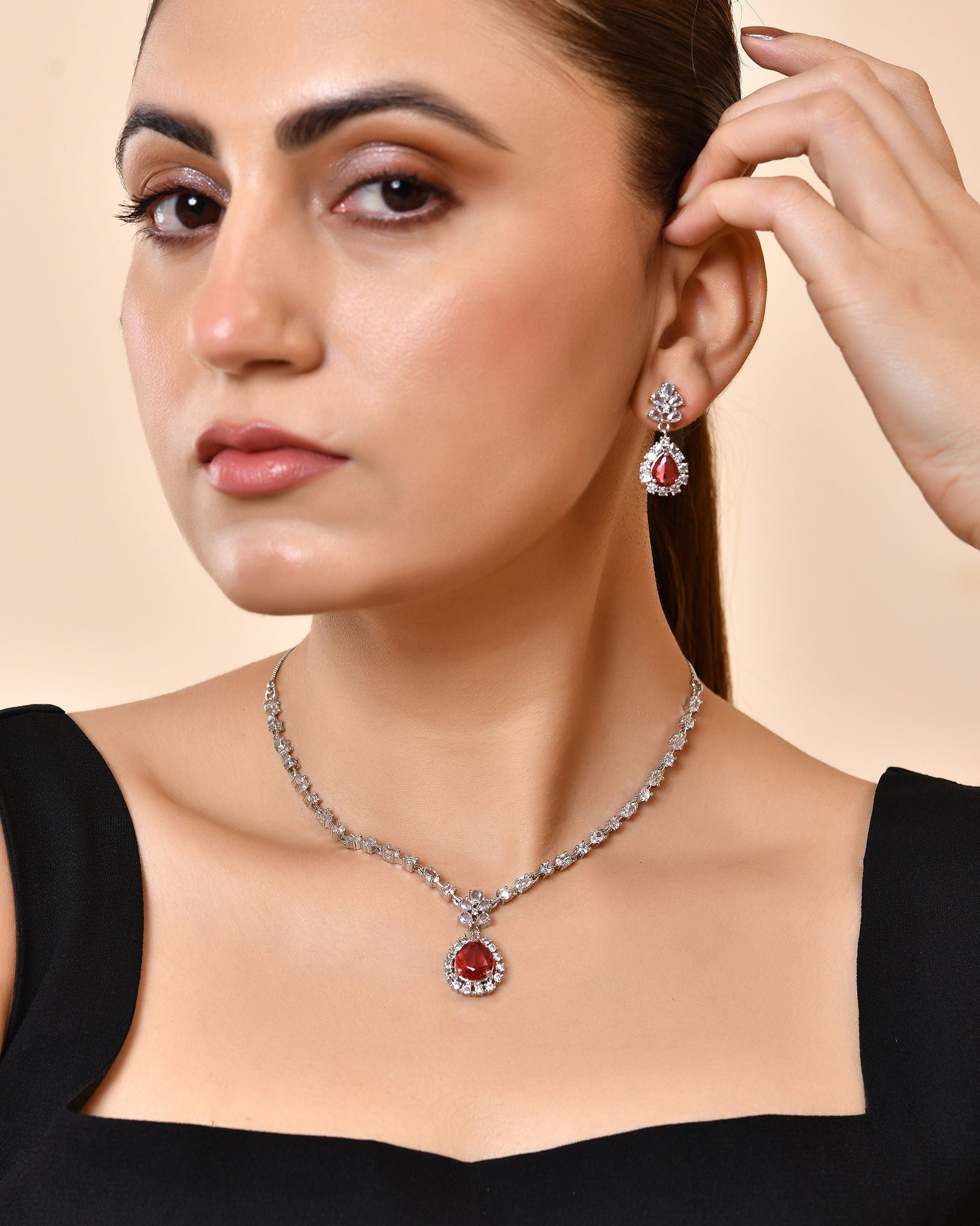 VOJ Silver Plated Pink Drop Shaped Stone With Ad Stone Simple Jewellery Set  Grab2Buy VOJ Grab2Buy