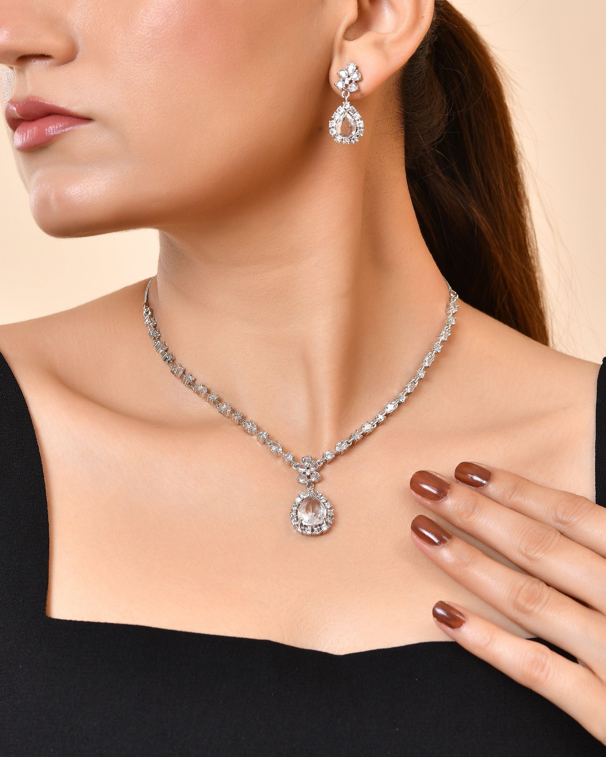 VOJ Silver Plated Drop Shaped Stone With Ad Stone Simple Jewellery Set  Grab2Buy VOJ Grab2Buy