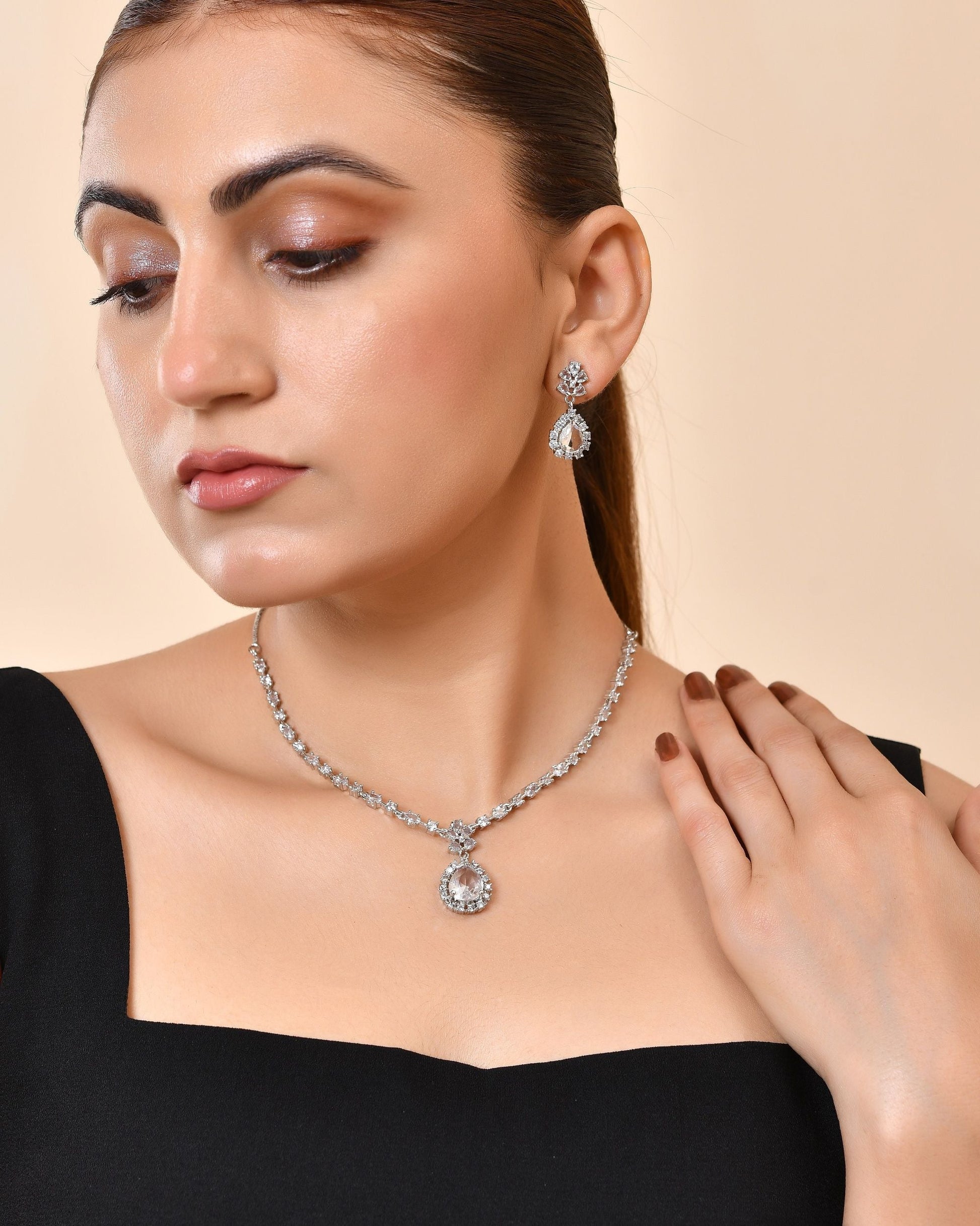 VOJ Silver Plated Drop Shaped Stone With Ad Stone Simple Jewellery Set  Grab2Buy VOJ Grab2Buy