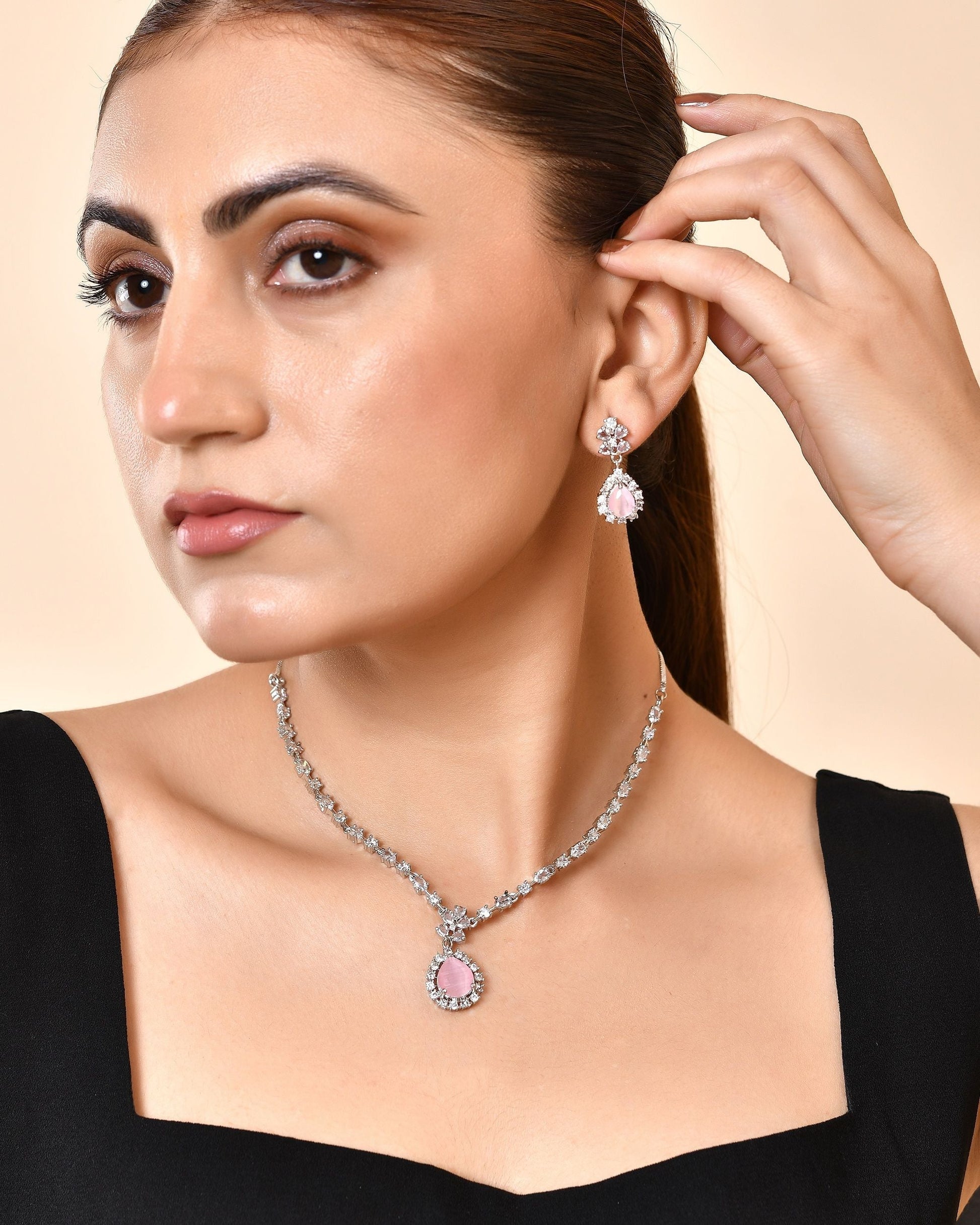 VOJ Silver Plated Baby Pink Drop Shaped Stone With Ad Stone Simple Jewellery Set  Grab2Buy VOJ Grab2Buy