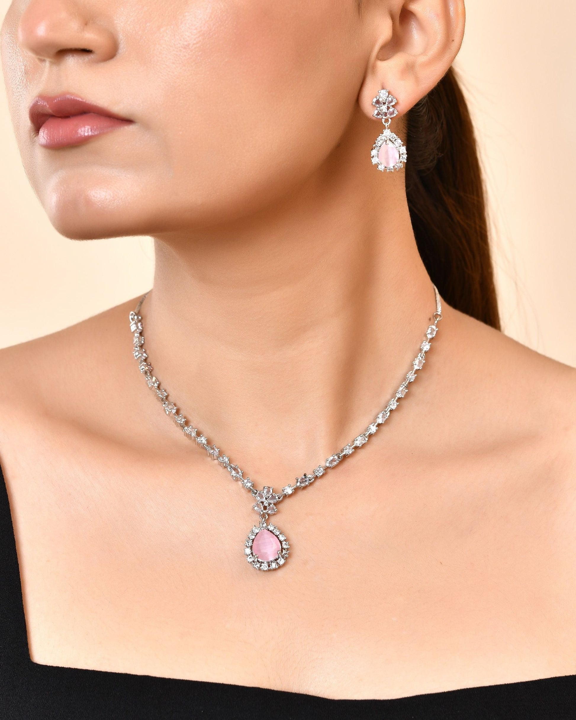 VOJ Silver Plated Baby Pink Drop Shaped Stone With Ad Stone Simple Jewellery Set  Grab2Buy VOJ Grab2Buy