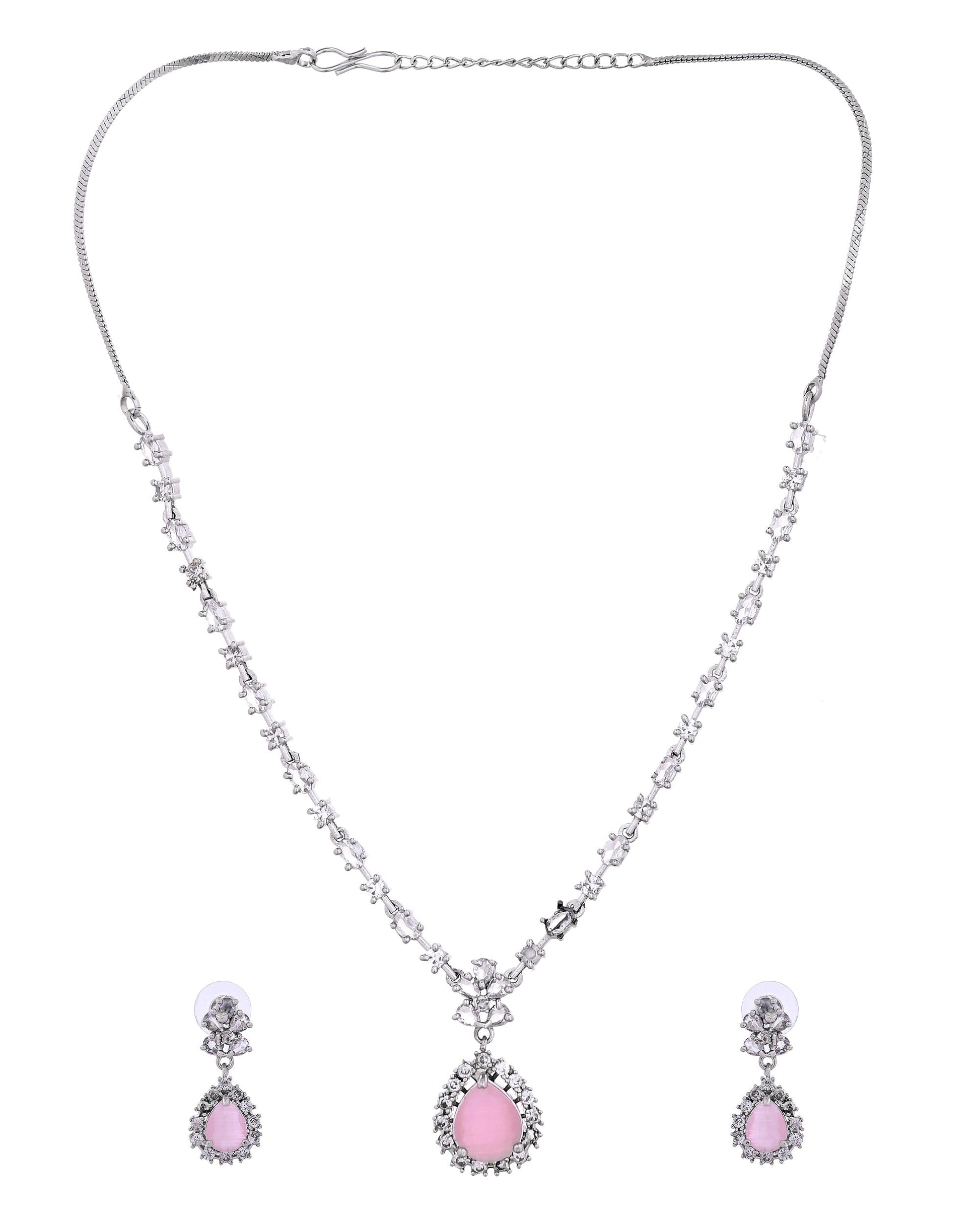 VOJ Silver Plated Baby Pink Drop Shaped Stone With Ad Stone Simple Jewellery Set  Grab2Buy VOJ Grab2Buy