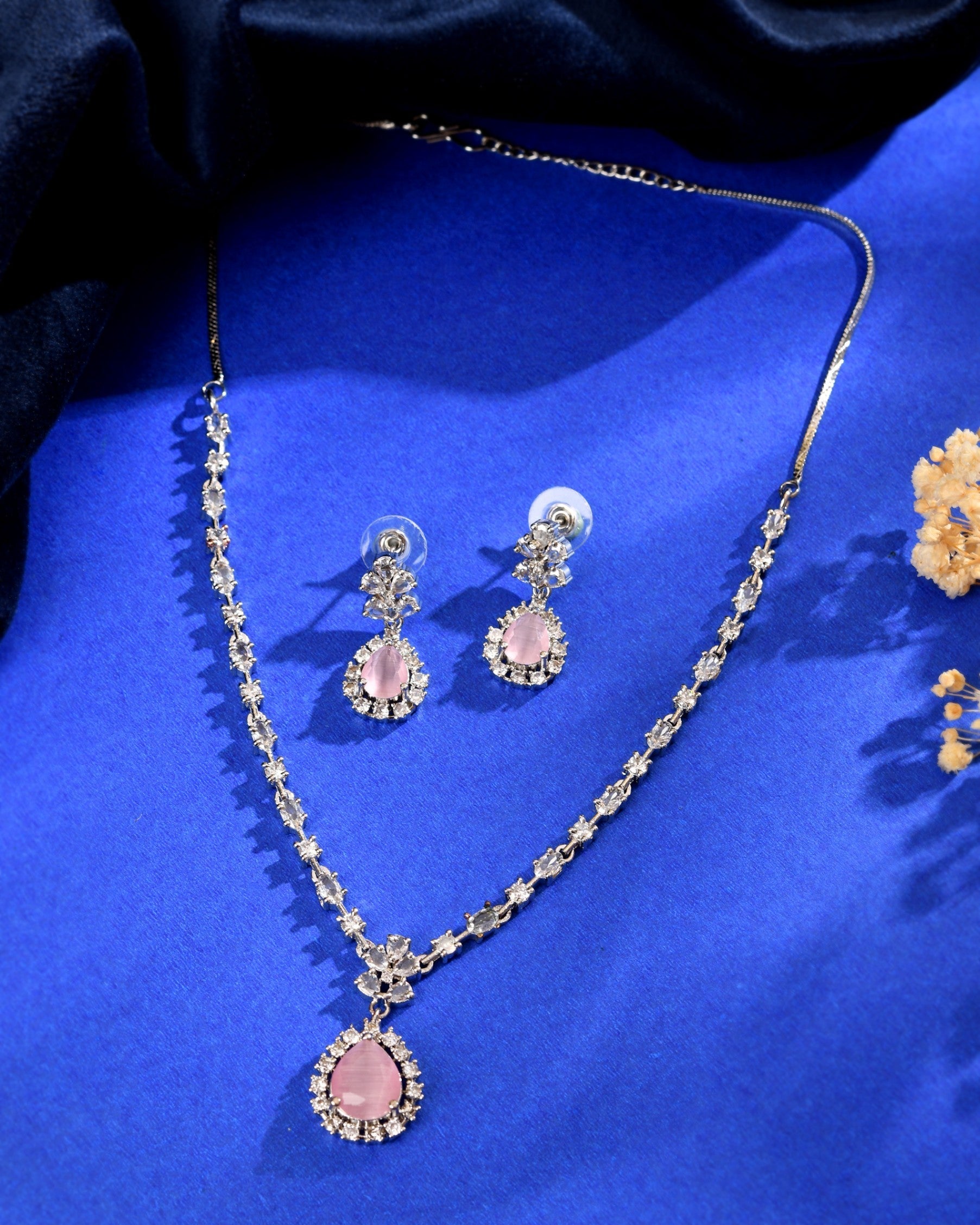 VOJ Silver Plated Baby Pink Drop Shaped Stone With Ad Stone Simple Jewellery Set  Grab2Buy VOJ Grab2Buy