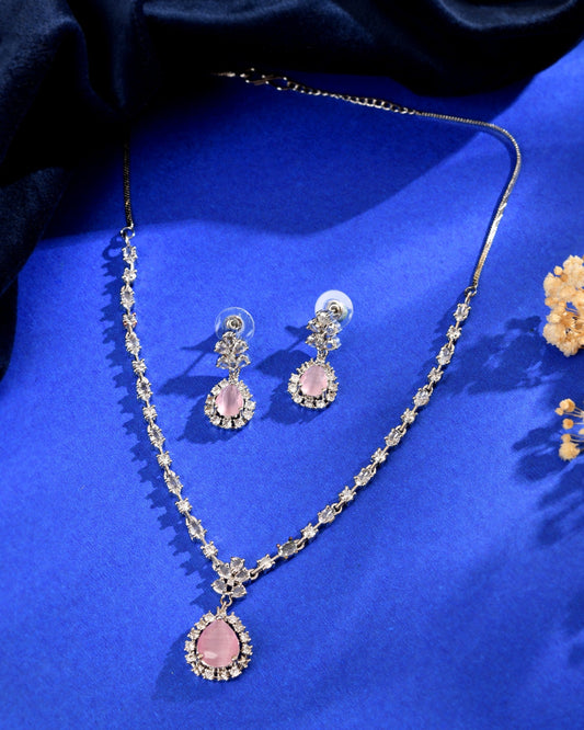 VOJ Silver Plated Baby Pink Drop Shaped Stone With Ad Stone Simple Jewellery Set  Grab2Buy VOJ Grab2Buy