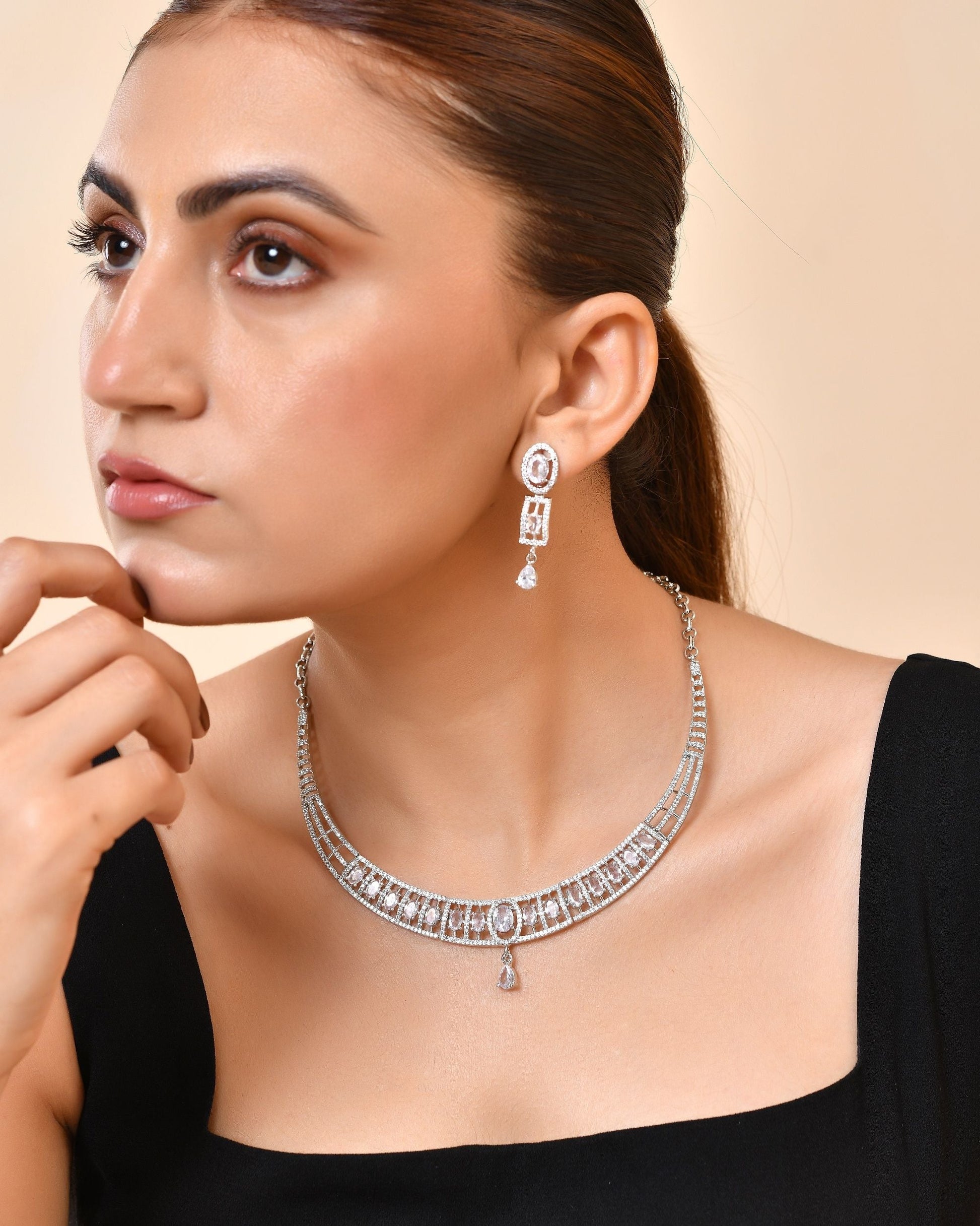 VOJ Silver Toned Sea Green Cz Stone Studded Designer Necklace Set  Grab2Buy VOJ Grab2Buy