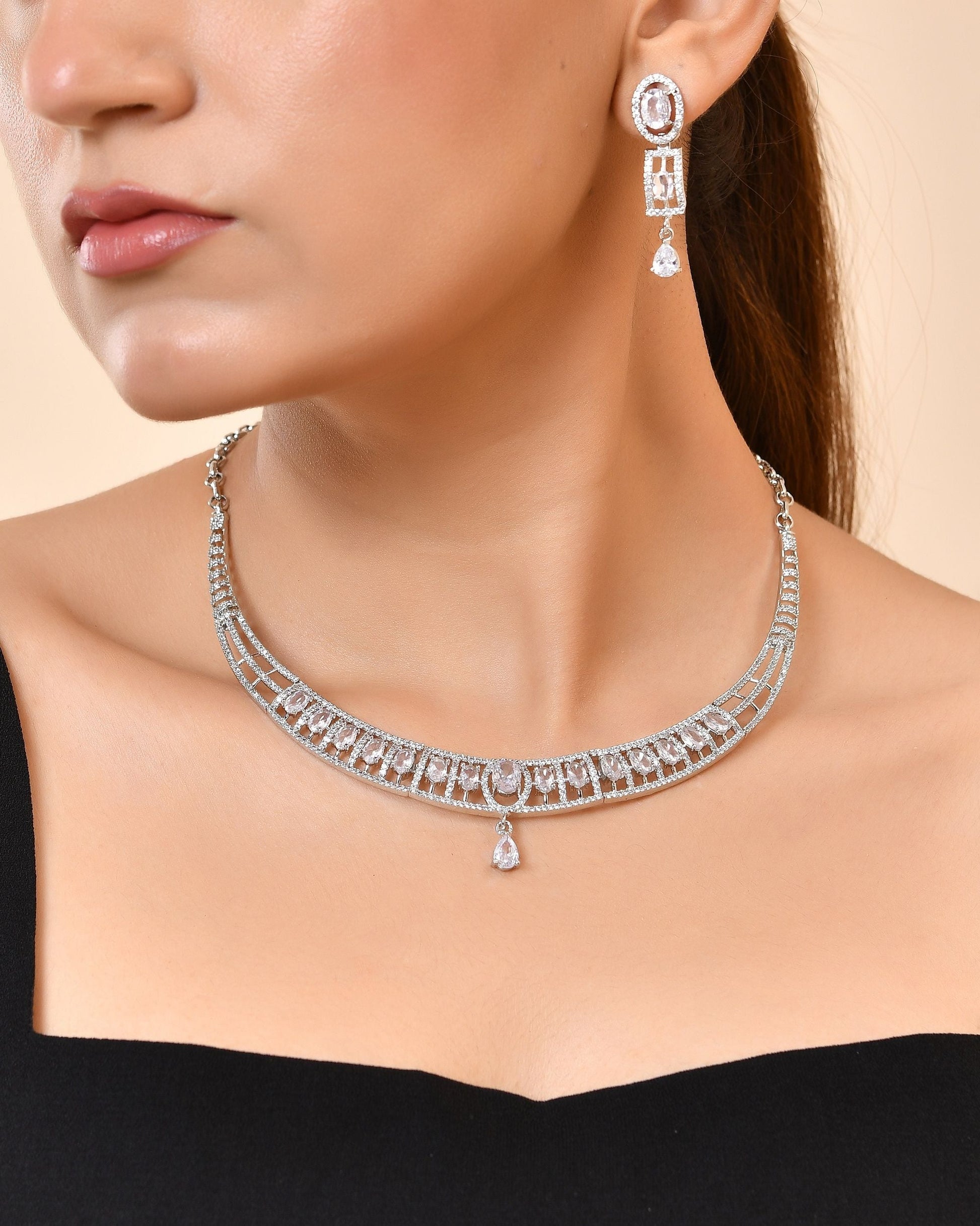 VOJ Silver Toned Sea Green Cz Stone Studded Designer Necklace Set  Grab2Buy VOJ Grab2Buy