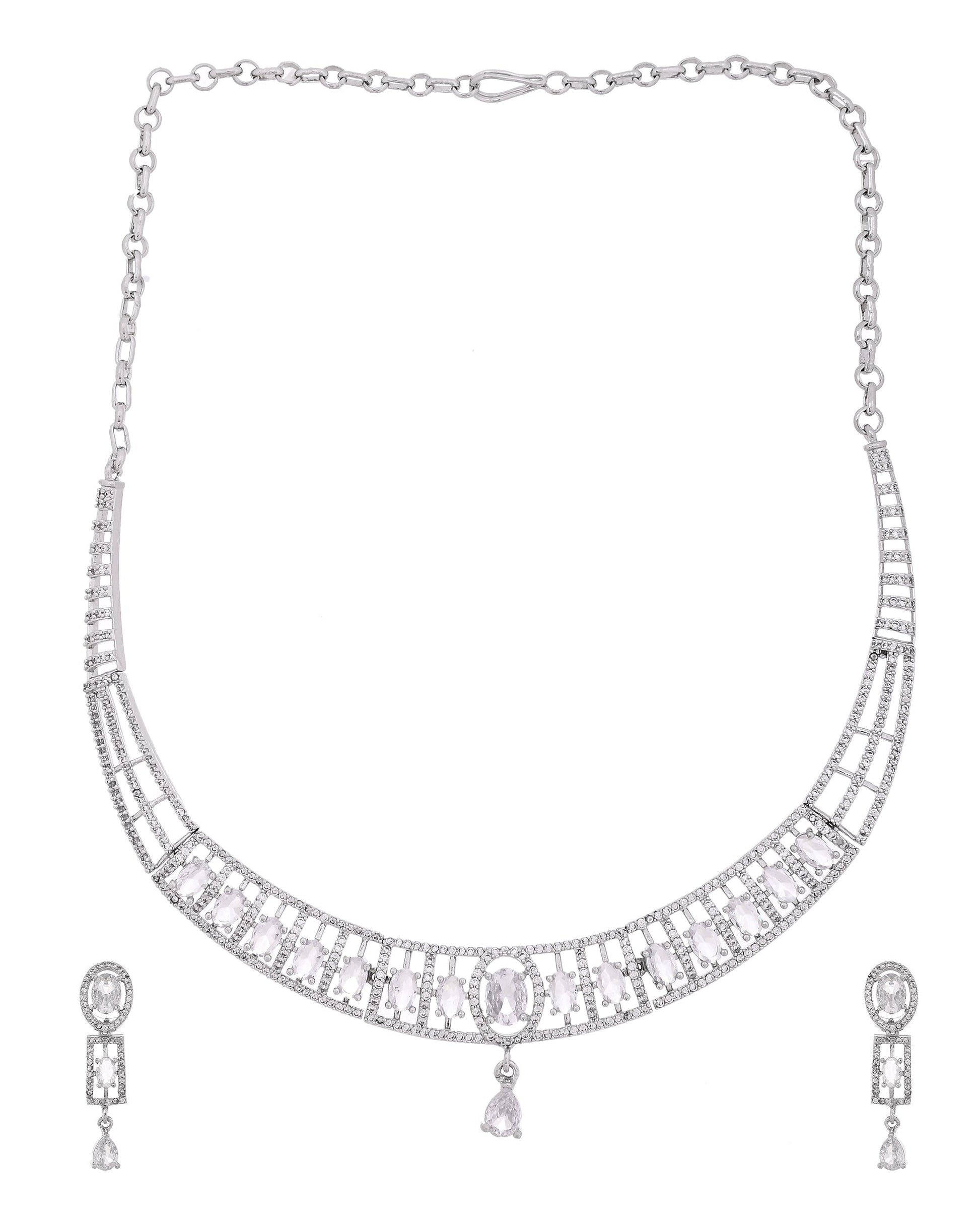 VOJ Silver Toned Sea Green Cz Stone Studded Designer Necklace Set  Grab2Buy VOJ Grab2Buy