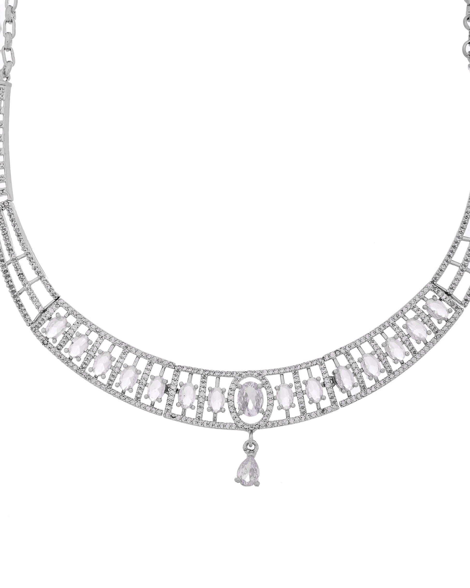 VOJ Silver Toned Sea Green Cz Stone Studded Designer Necklace Set  Grab2Buy VOJ Grab2Buy