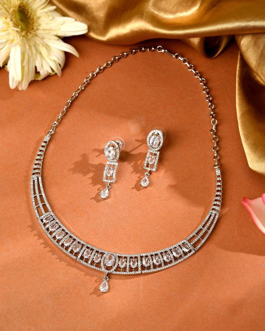 VOJ Silver Toned Sea Green Cz Stone Studded Designer Necklace Set  Grab2Buy VOJ Grab2Buy