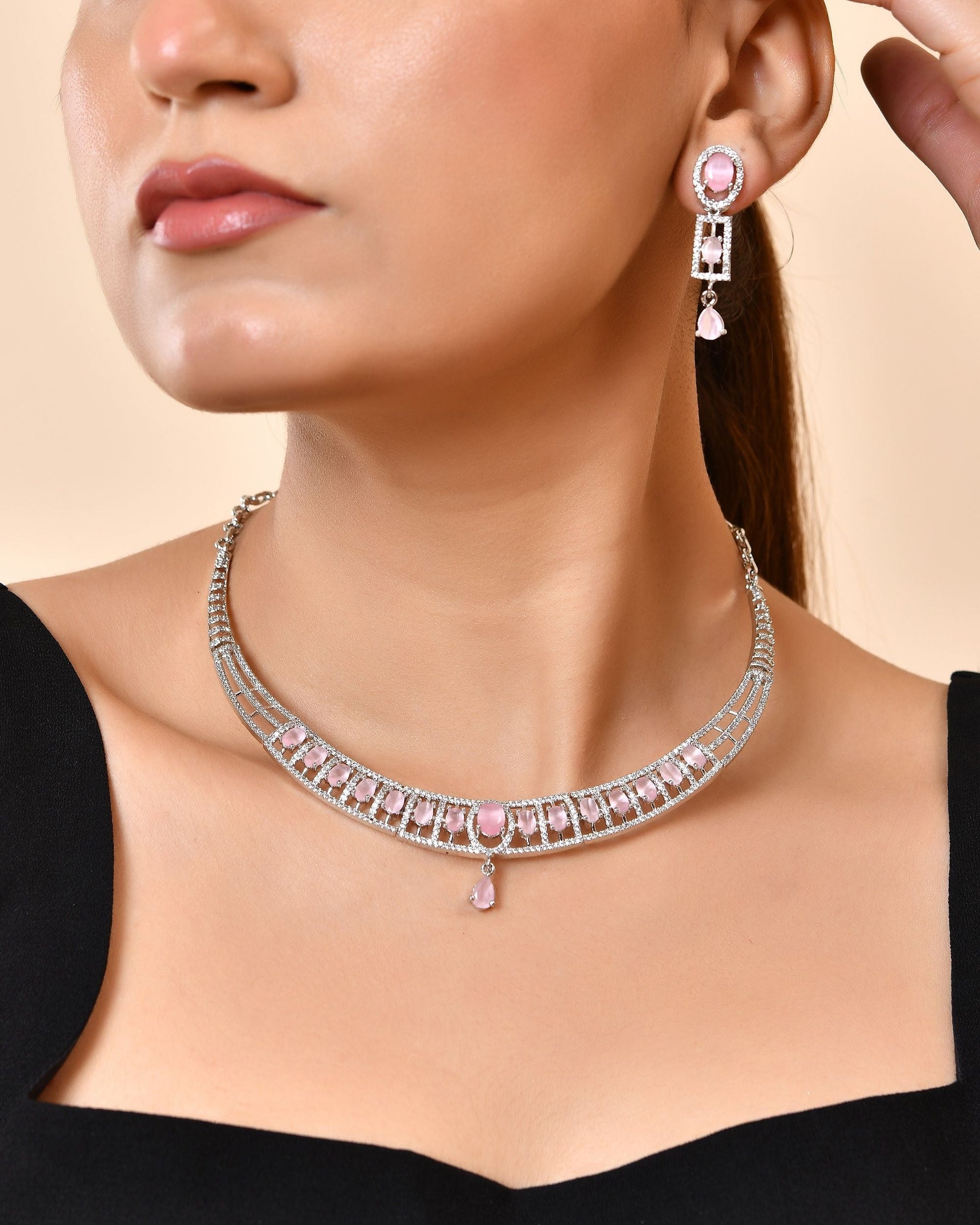VOJ Silver Toned Baby Pink Cz Stone Studded Designer Necklace Set  Grab2Buy VOJ Grab2Buy