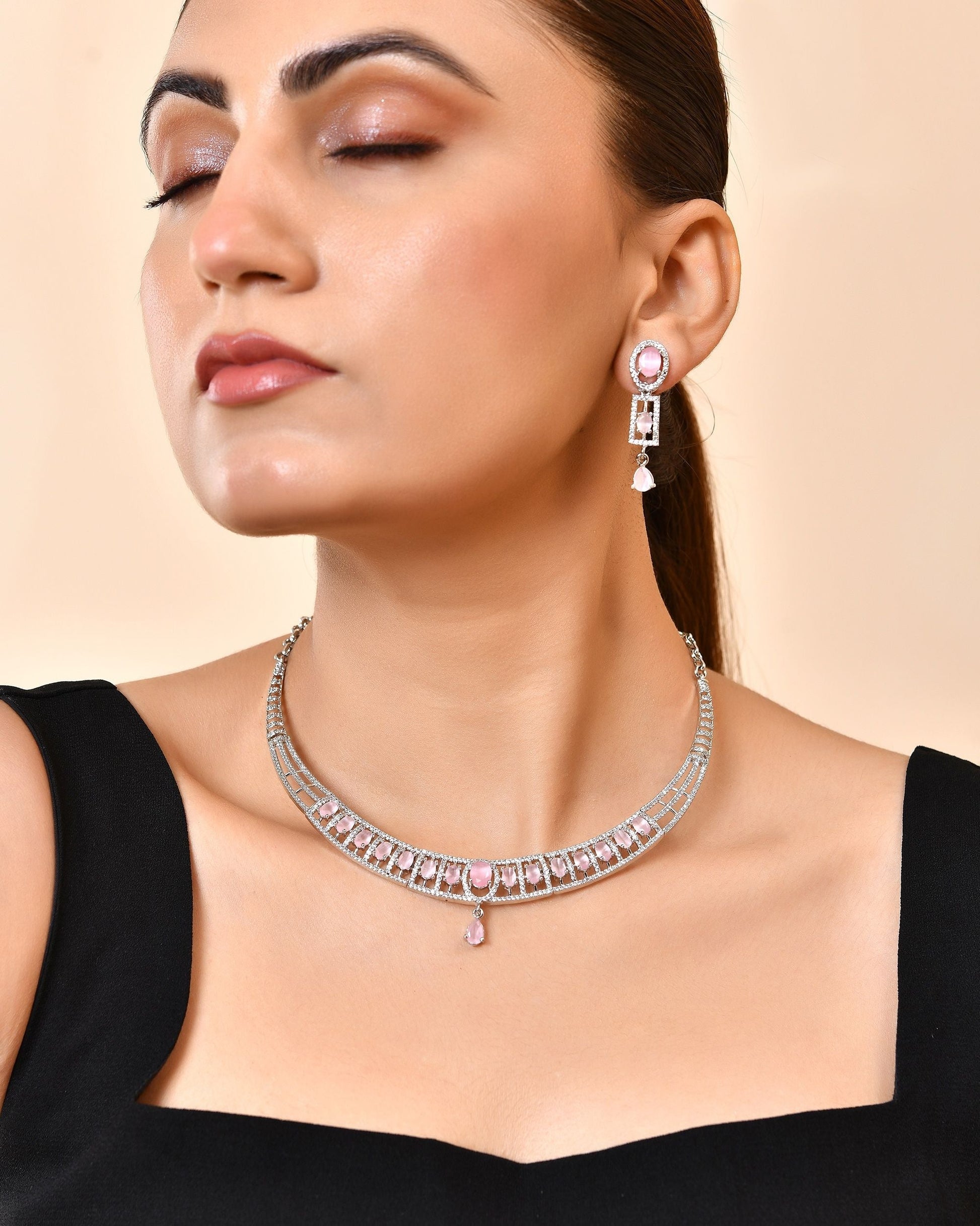 VOJ Silver Toned Baby Pink Cz Stone Studded Designer Necklace Set  Grab2Buy VOJ Grab2Buy